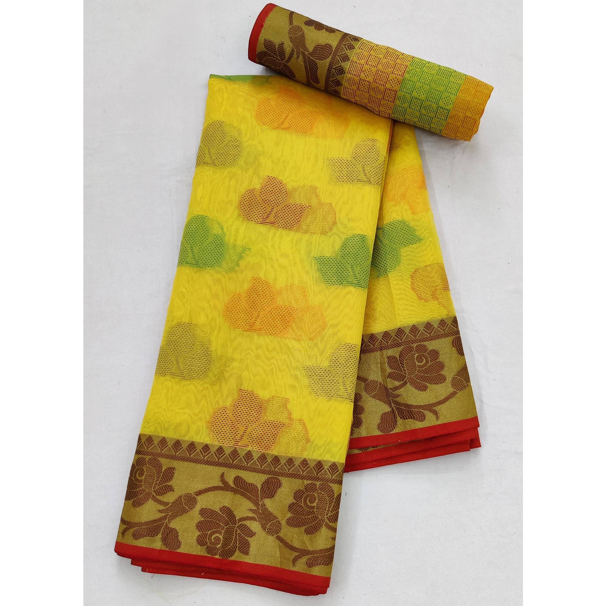 Yellow Festive Wear Woven Rich Pallu Organza Saree - Peachmode