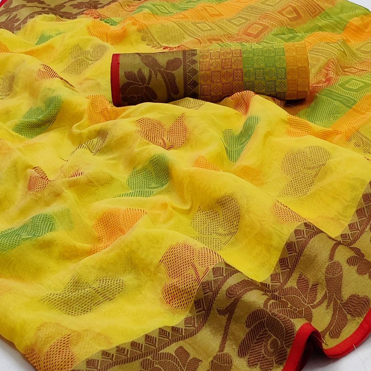 Yellow Festive Wear Woven Rich Pallu Organza Saree - Peachmode