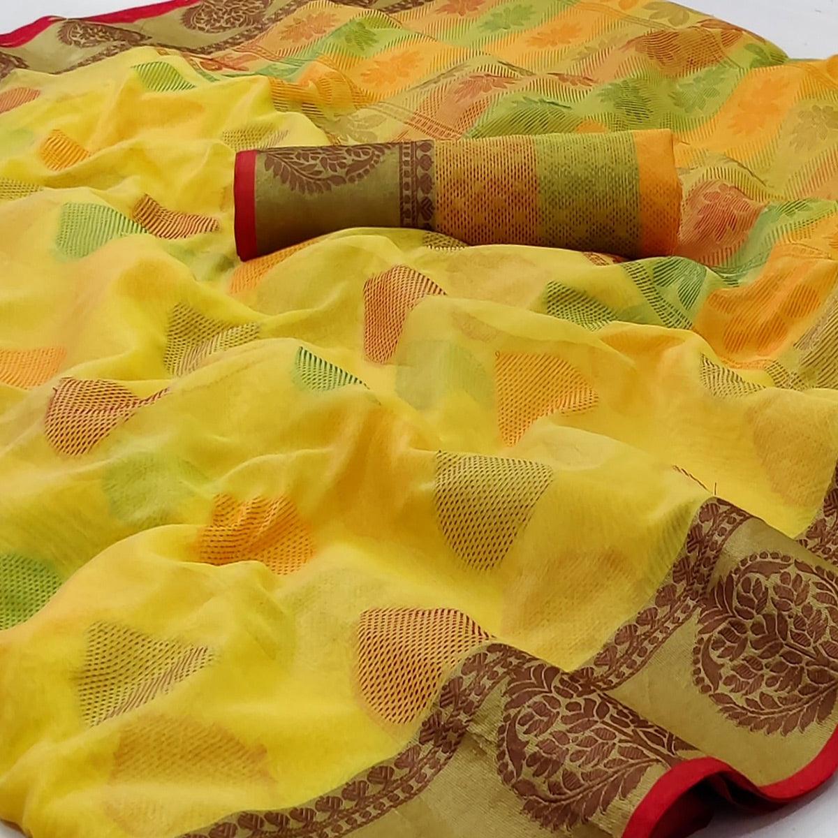 Yellow Festive Wear Woven Rich Pallu Organza Saree - Peachmode