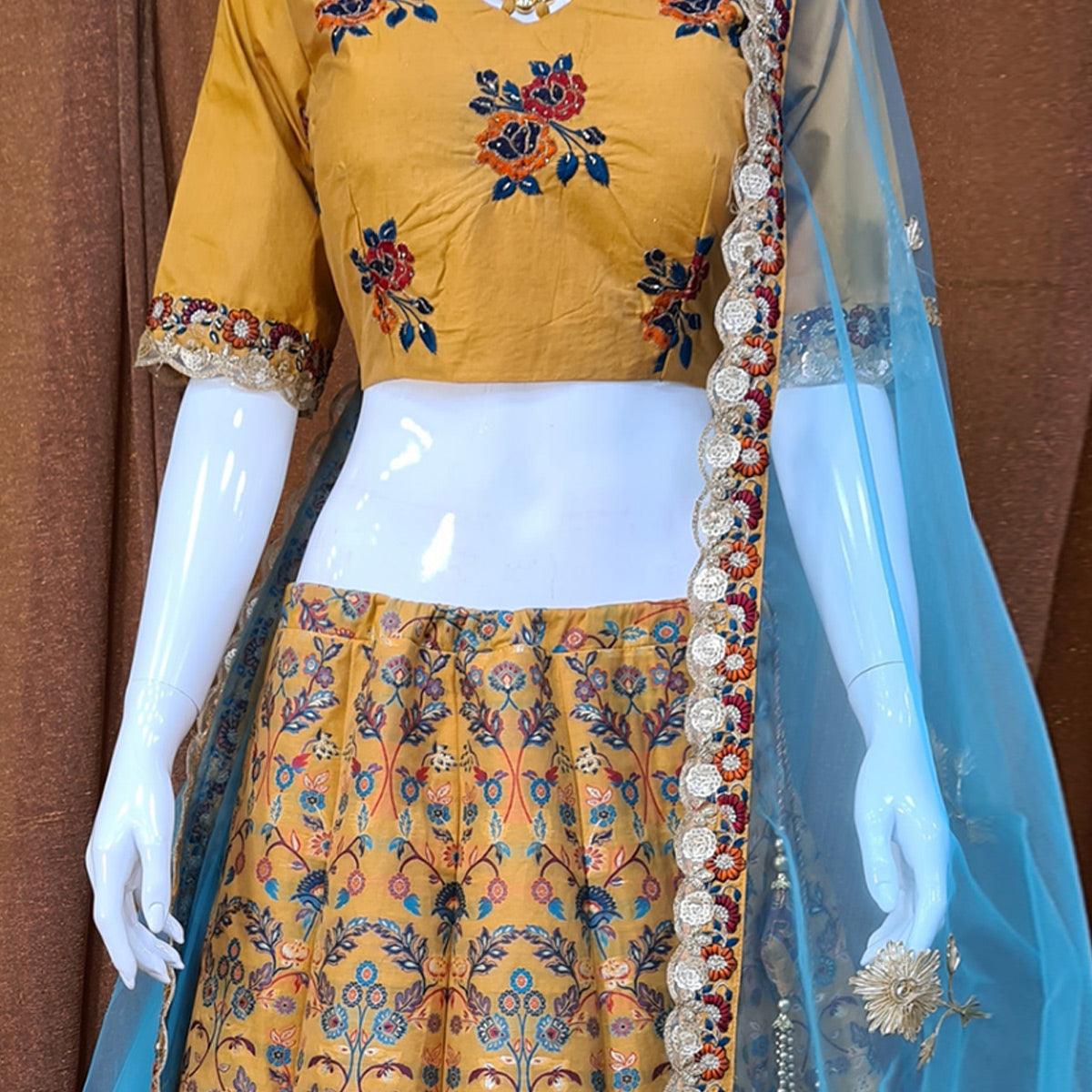 Yellow Festive Wear Woven Silk Lehenga Choli - Peachmode