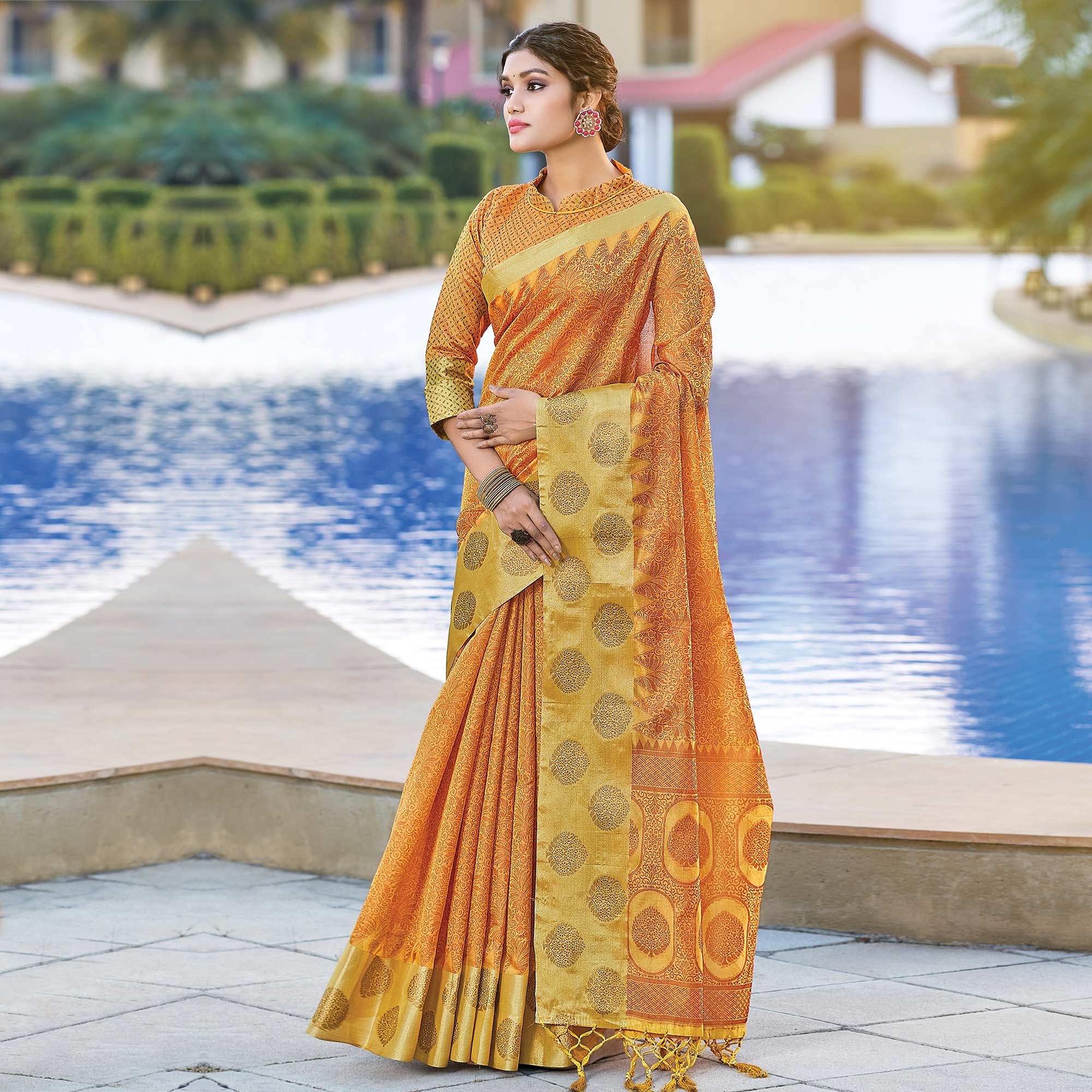 Yellow Festive Wear Woven Silk Saree - Peachmode