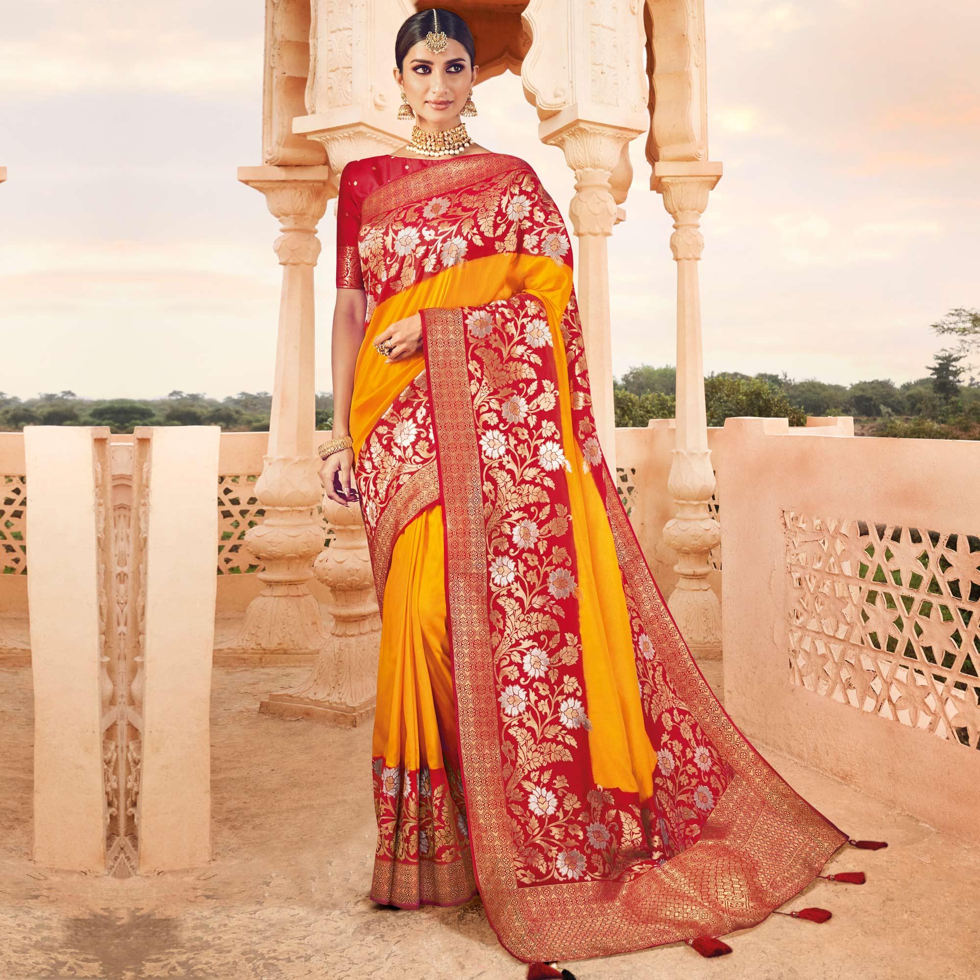 Yellow Festive Wear Woven Silk Saree - Peachmode