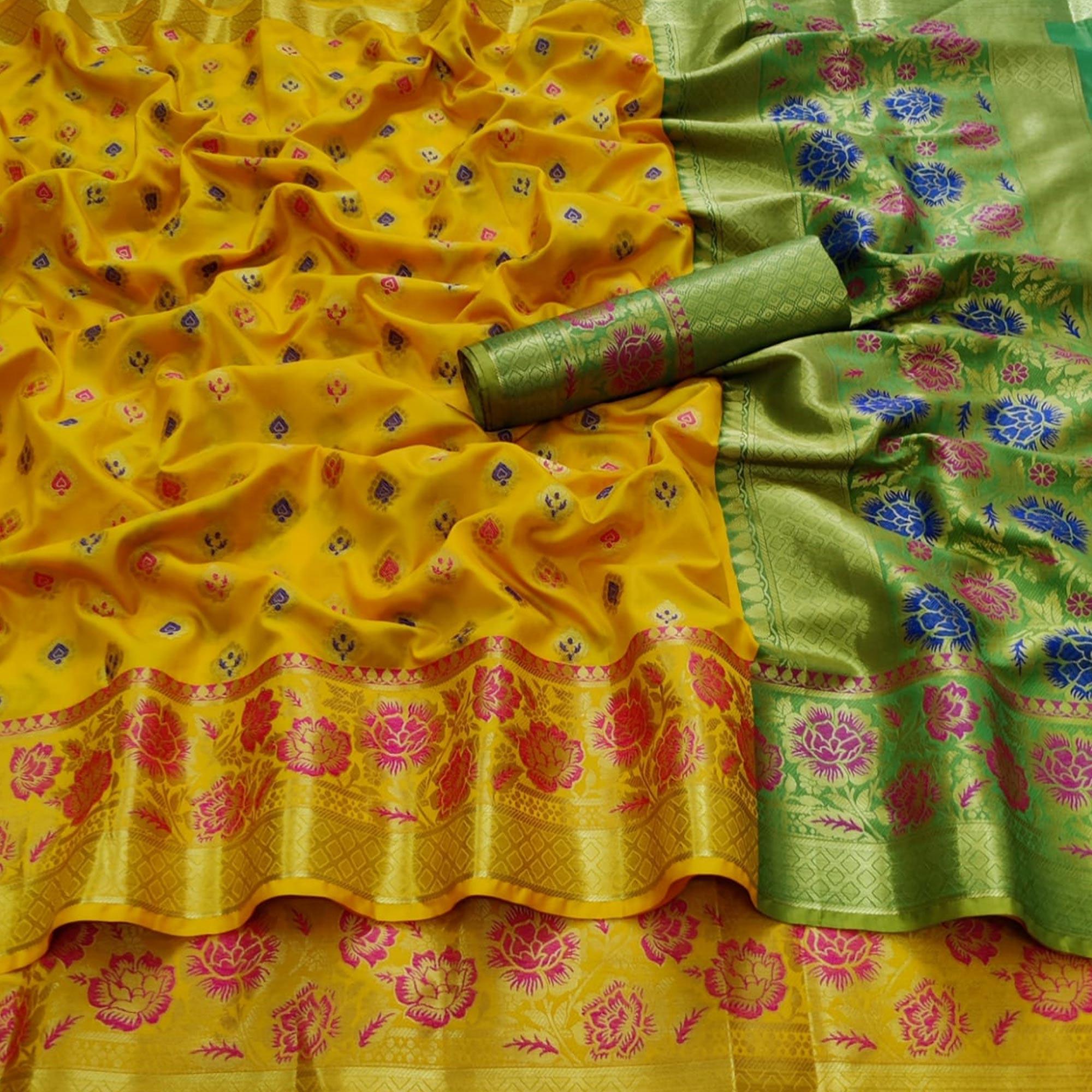Yellow Festive Wear Woven Silk Saree - Peachmode
