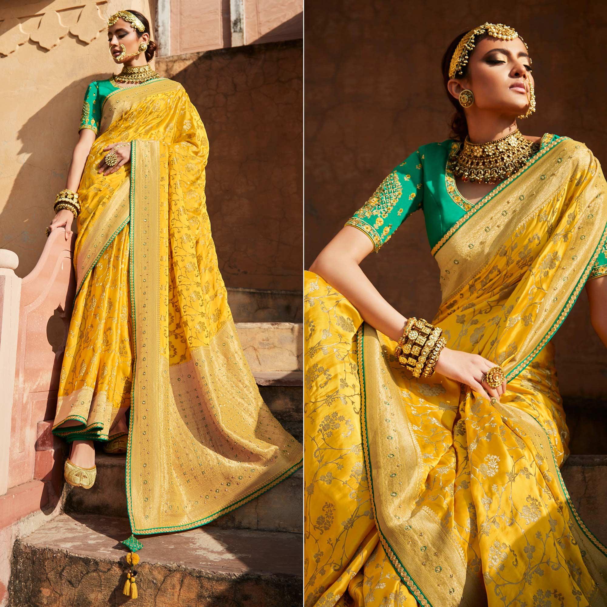 Yellow Festive Wear Woven Silk Saree - Peachmode