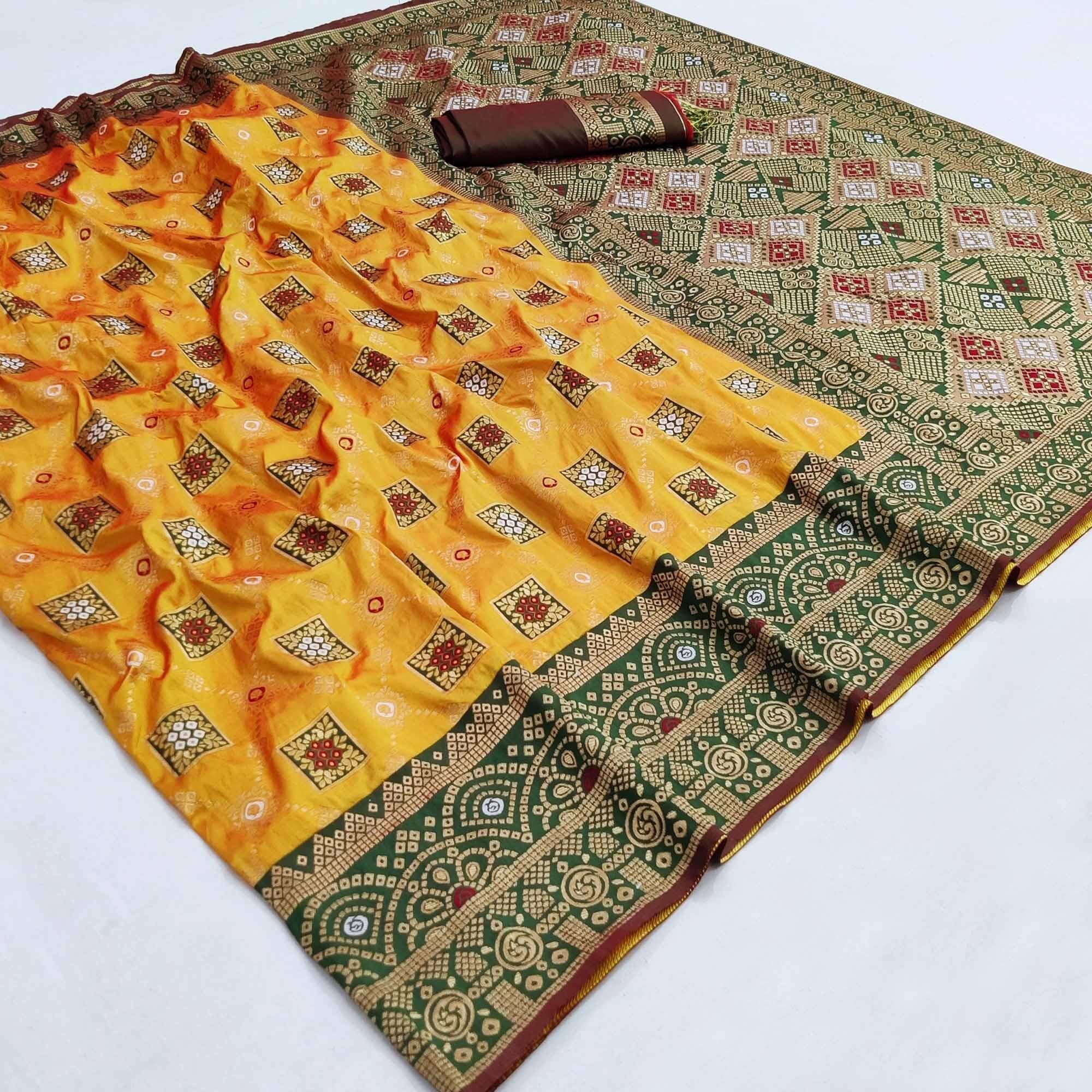 Yellow Festive Wear Woven Silk Saree - Peachmode