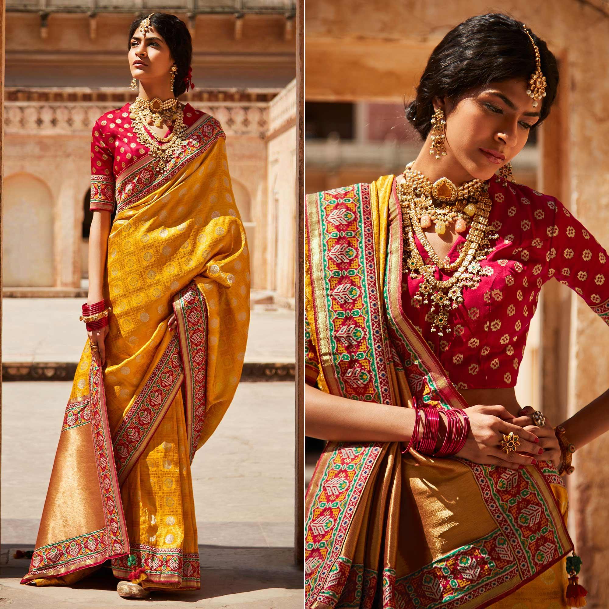 Yellow Festive Wear Woven Silk Saree - Peachmode