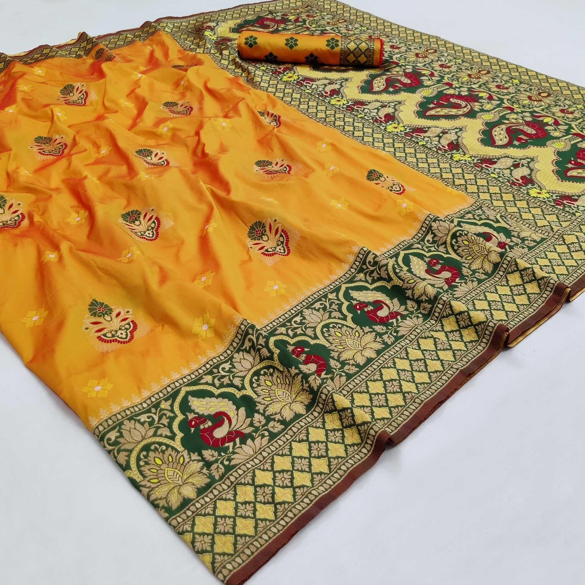 Yellow Festive Wear Woven Silk Saree - Peachmode