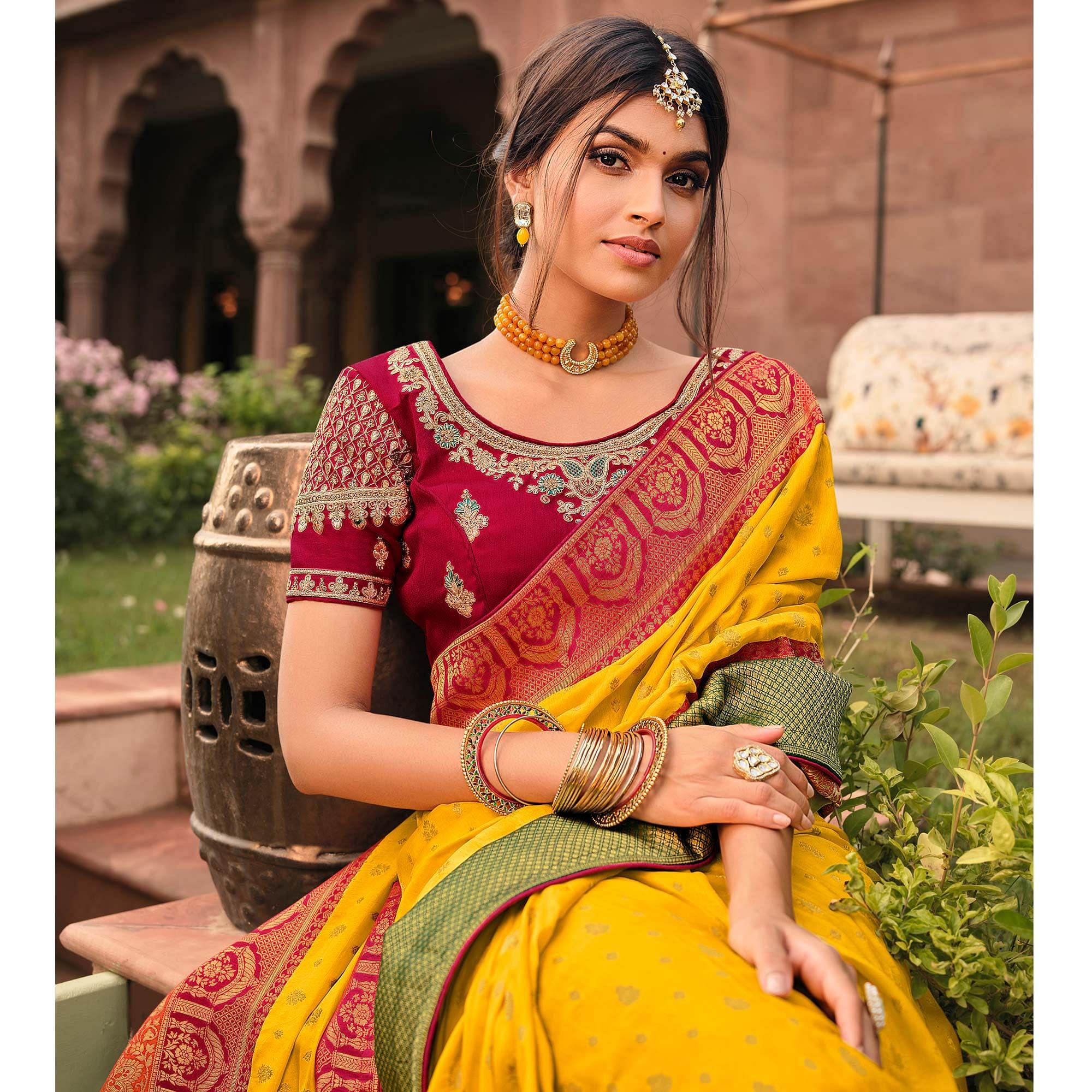 Yellow Festive Wear Woven Silk Saree - Peachmode
