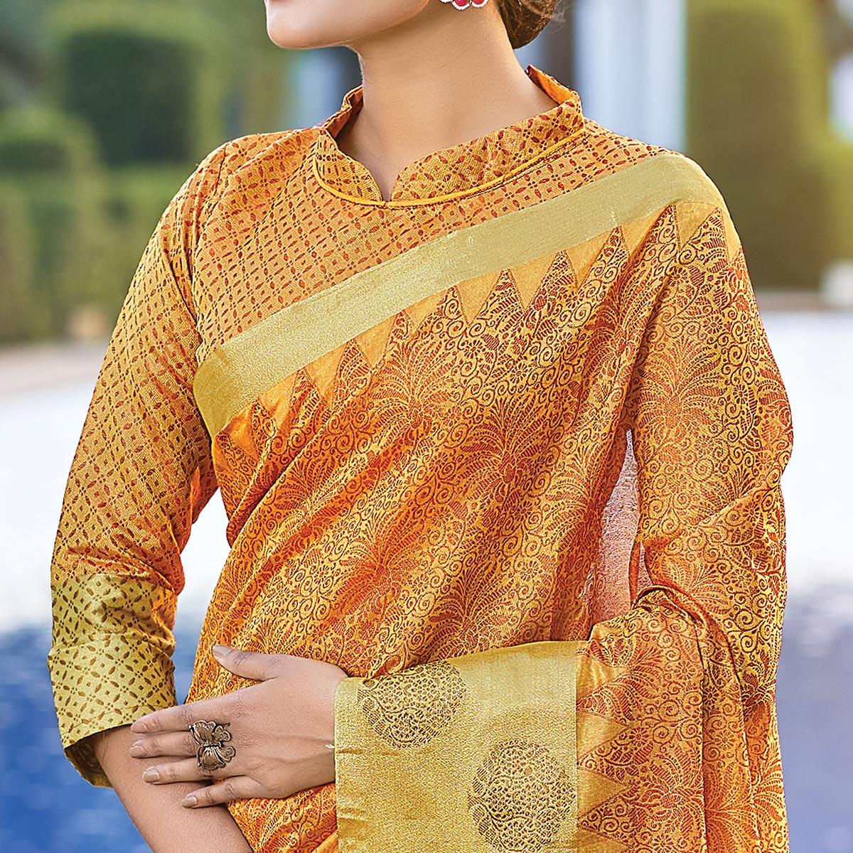 Yellow Festive Wear Woven Silk Saree - Peachmode