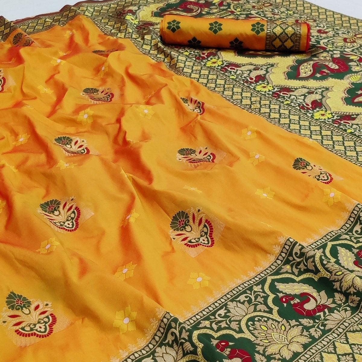 Yellow Festive Wear Woven Silk Saree - Peachmode