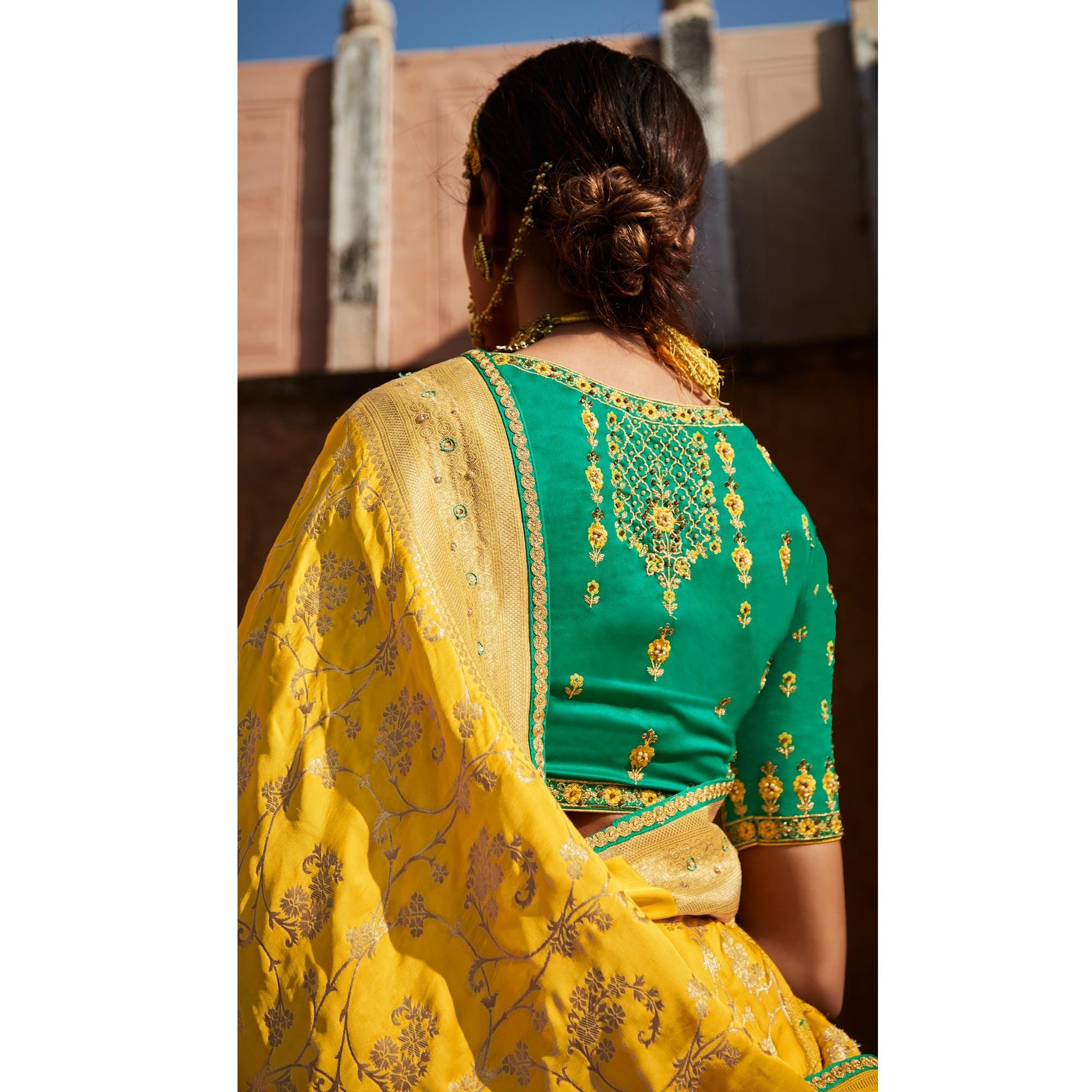 Yellow Festive Wear Woven Silk Saree - Peachmode