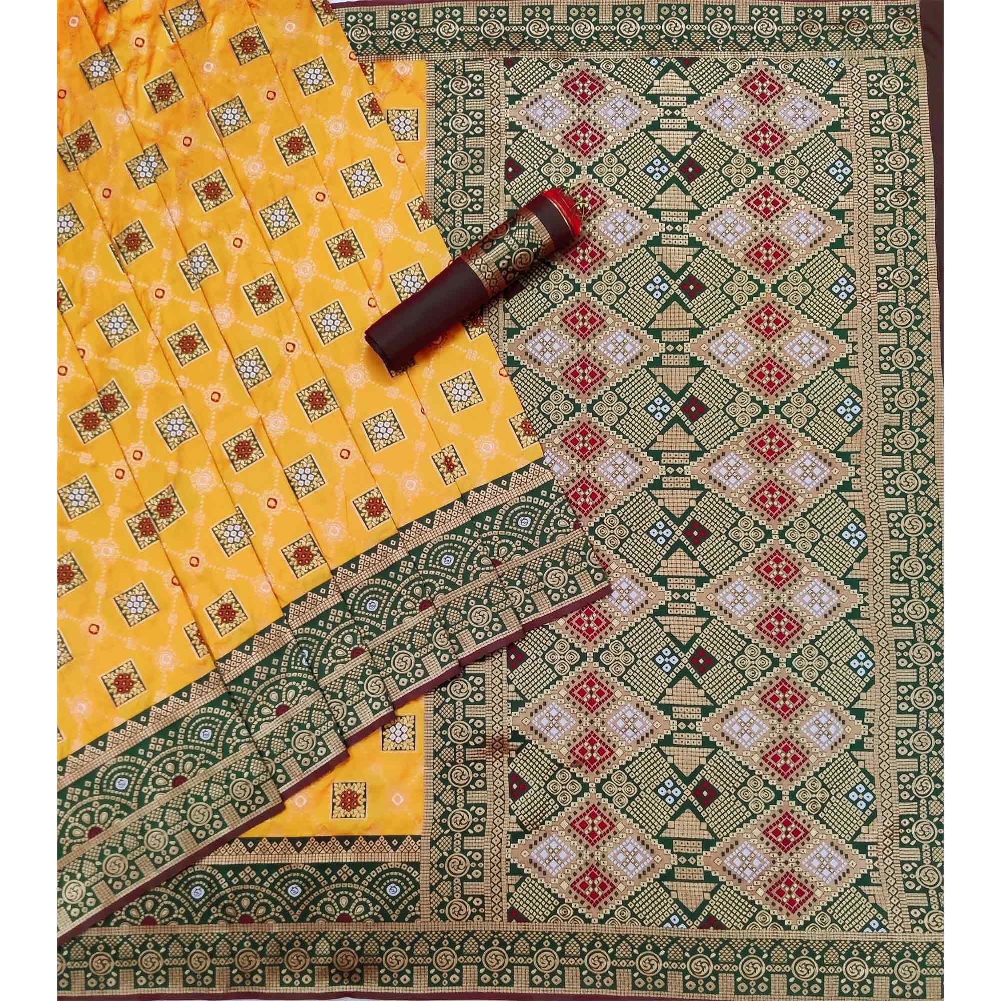 Yellow Festive Wear Woven Silk Saree - Peachmode