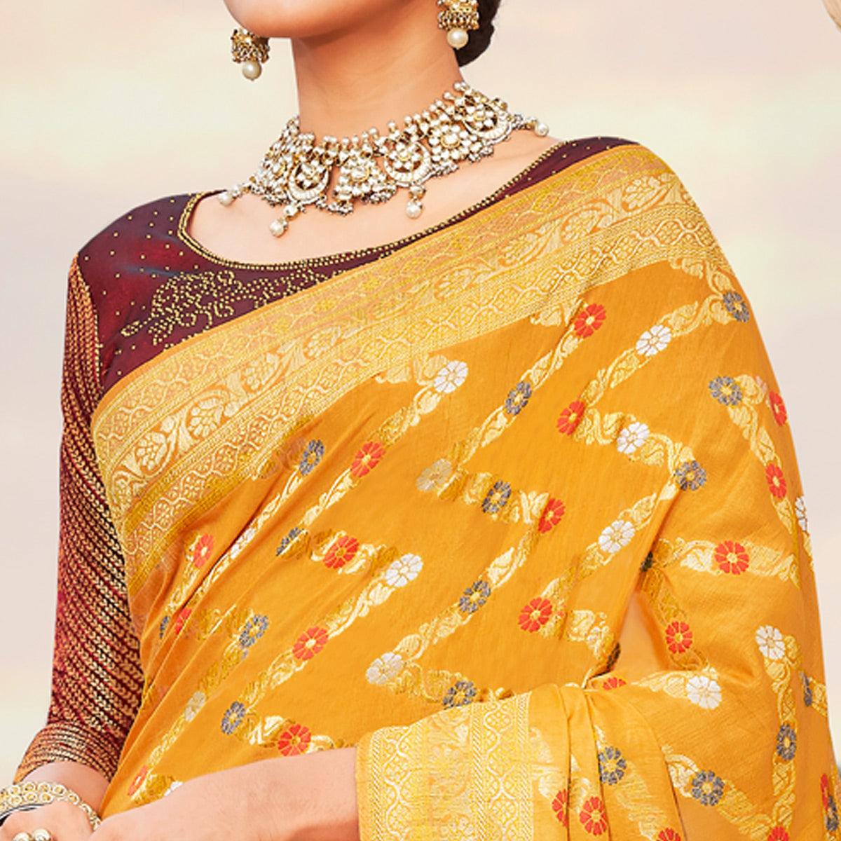 Yellow Festive Wear Woven Silk Saree - Peachmode