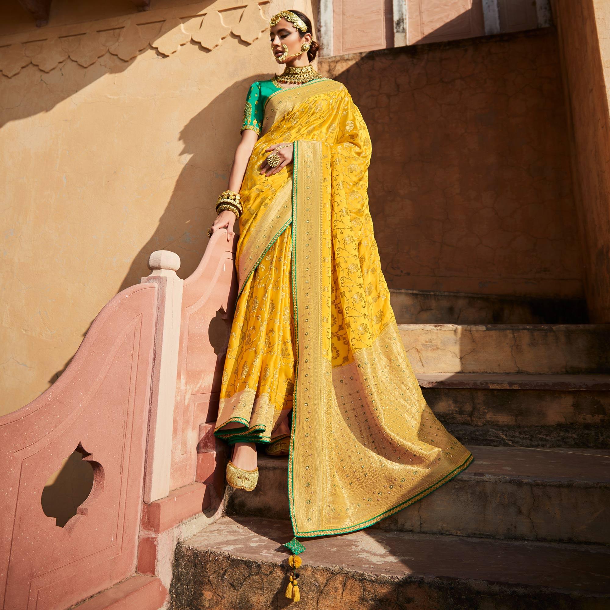 Yellow Festive Wear Woven Silk Saree - Peachmode