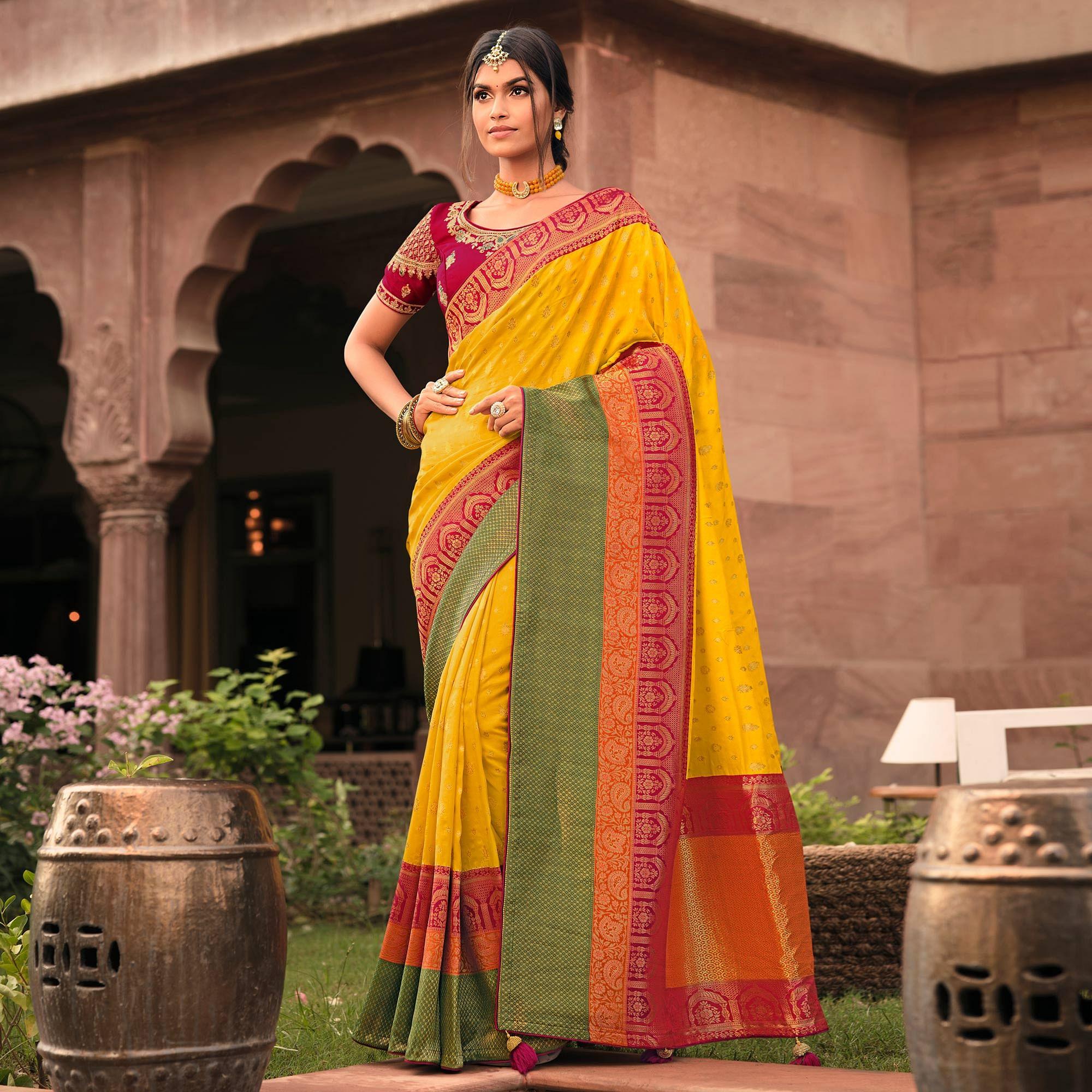 Yellow Festive Wear Woven Silk Saree - Peachmode