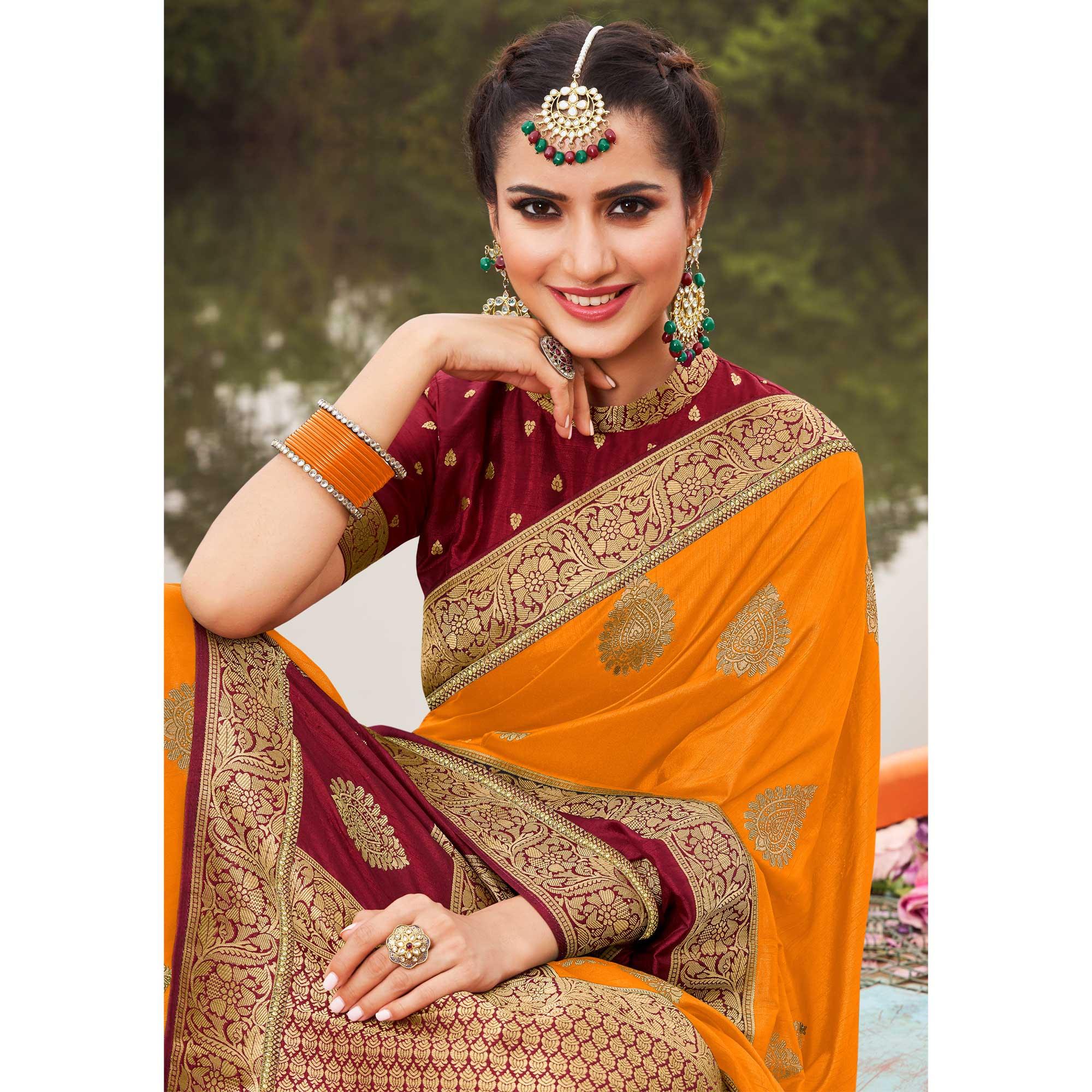 Yellow Festive Wear Woven Silk Saree - Peachmode