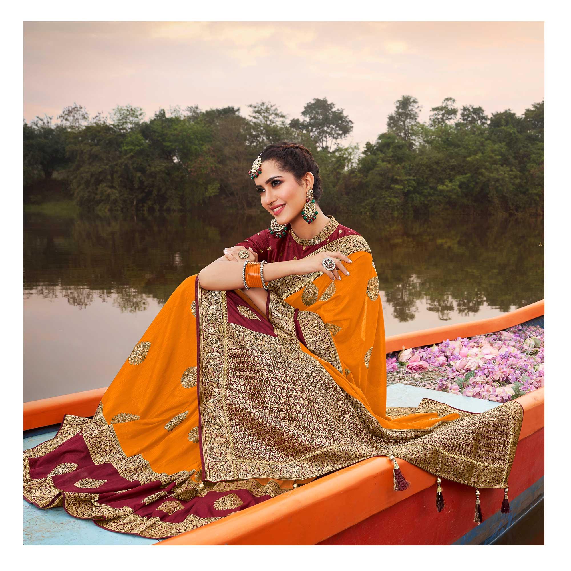 Yellow Festive Wear Woven Silk Saree - Peachmode