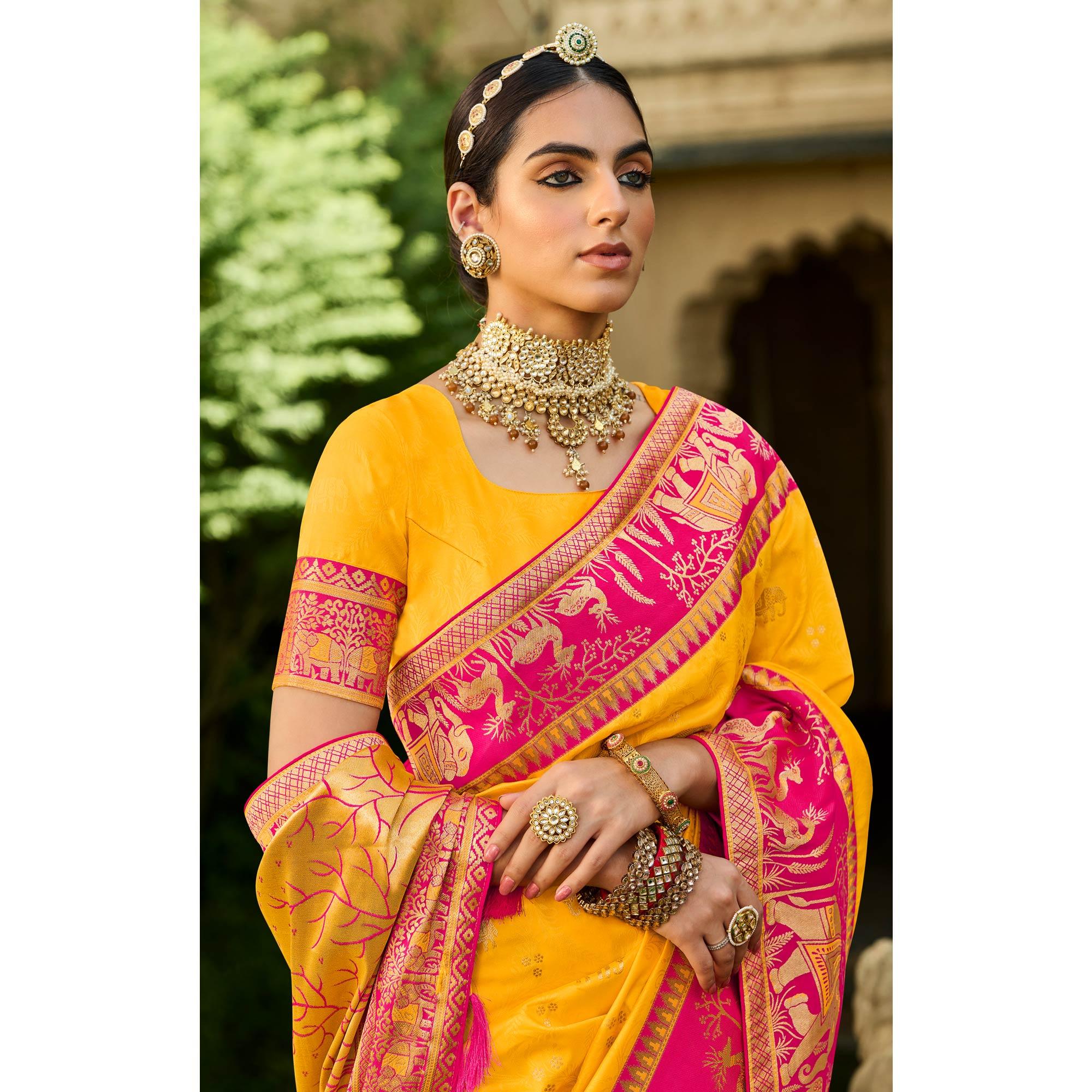 Yellow Festive Wear Woven Silk Saree - Peachmode