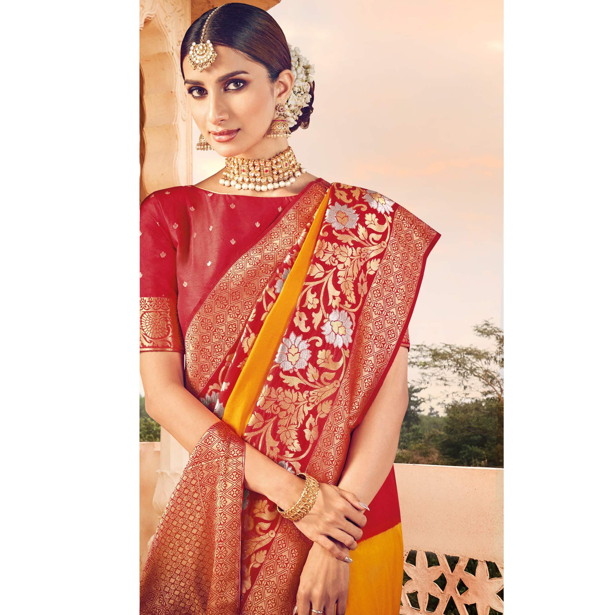 Yellow Festive Wear Woven Silk Saree - Peachmode
