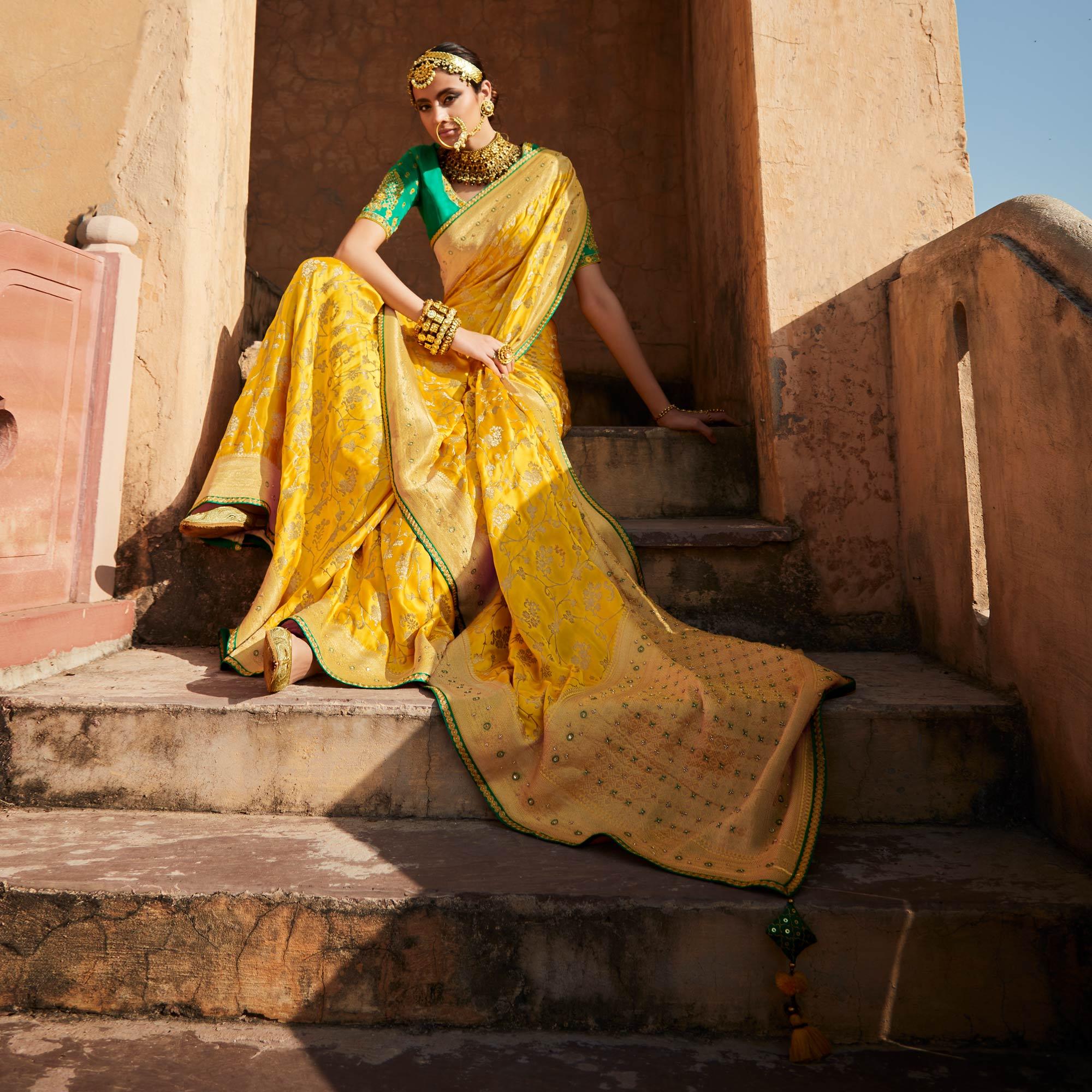 Yellow Festive Wear Woven Silk Saree - Peachmode