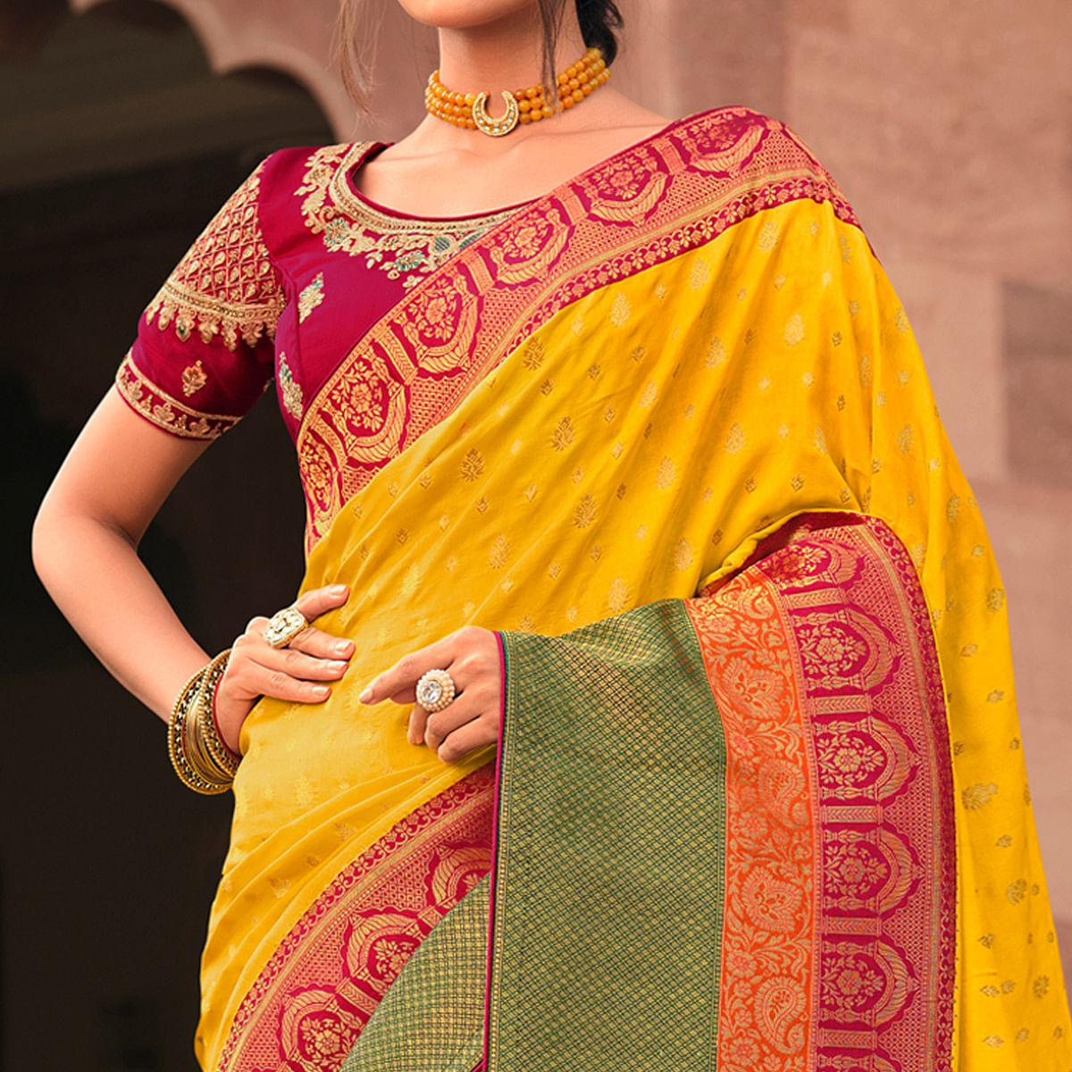 Yellow Festive Wear Woven Silk Saree - Peachmode