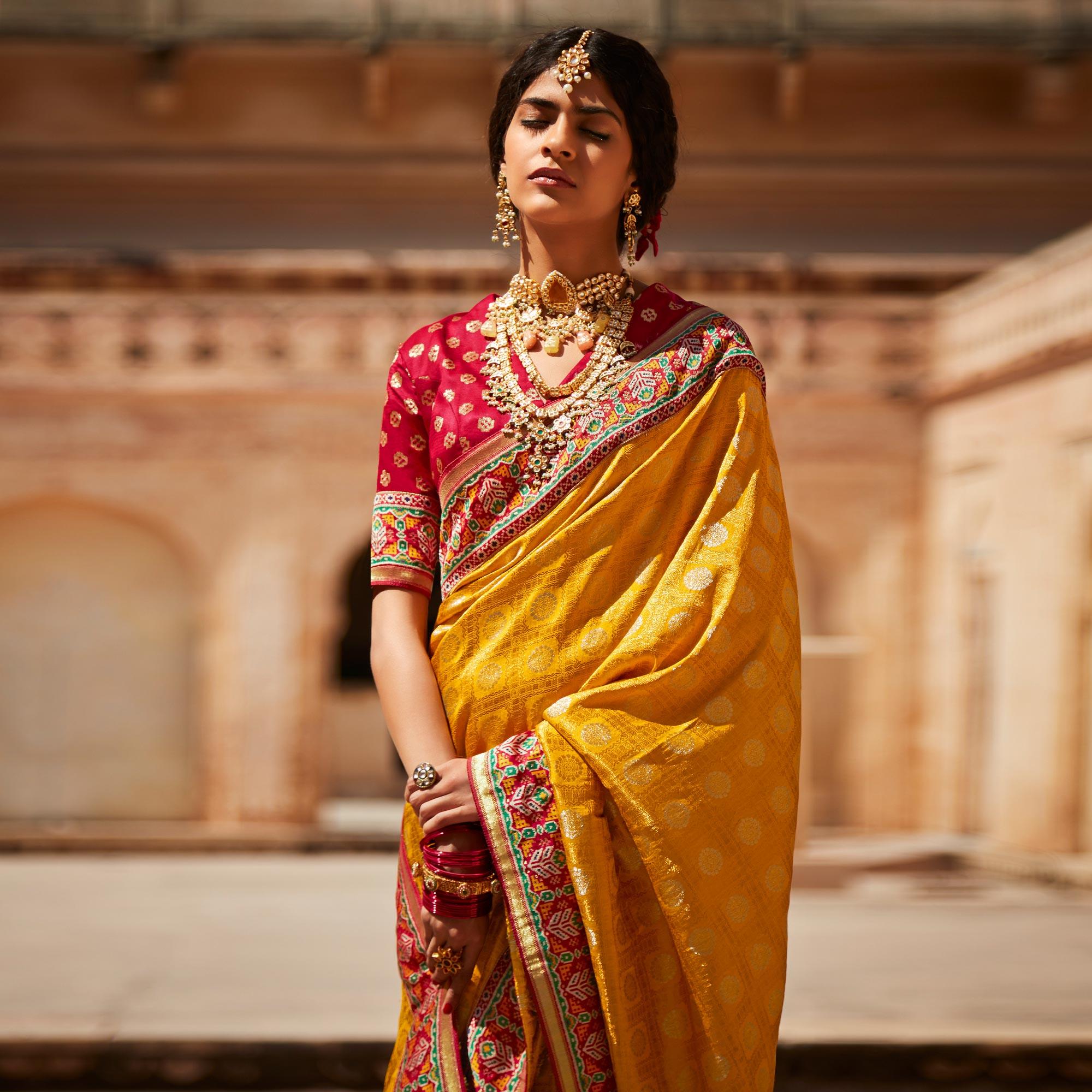 Yellow Festive Wear Woven Silk Saree - Peachmode