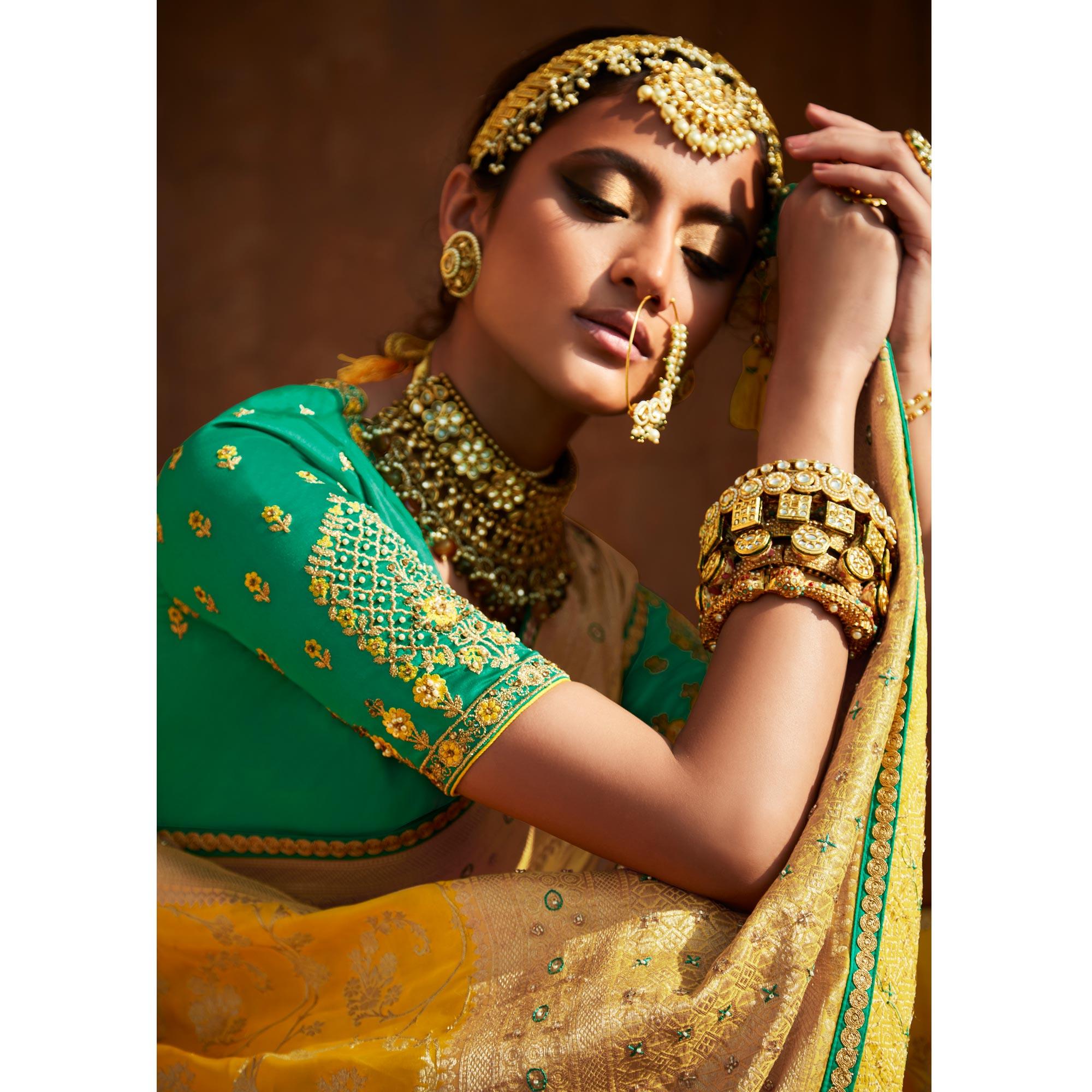 Yellow Festive Wear Woven Silk Saree - Peachmode