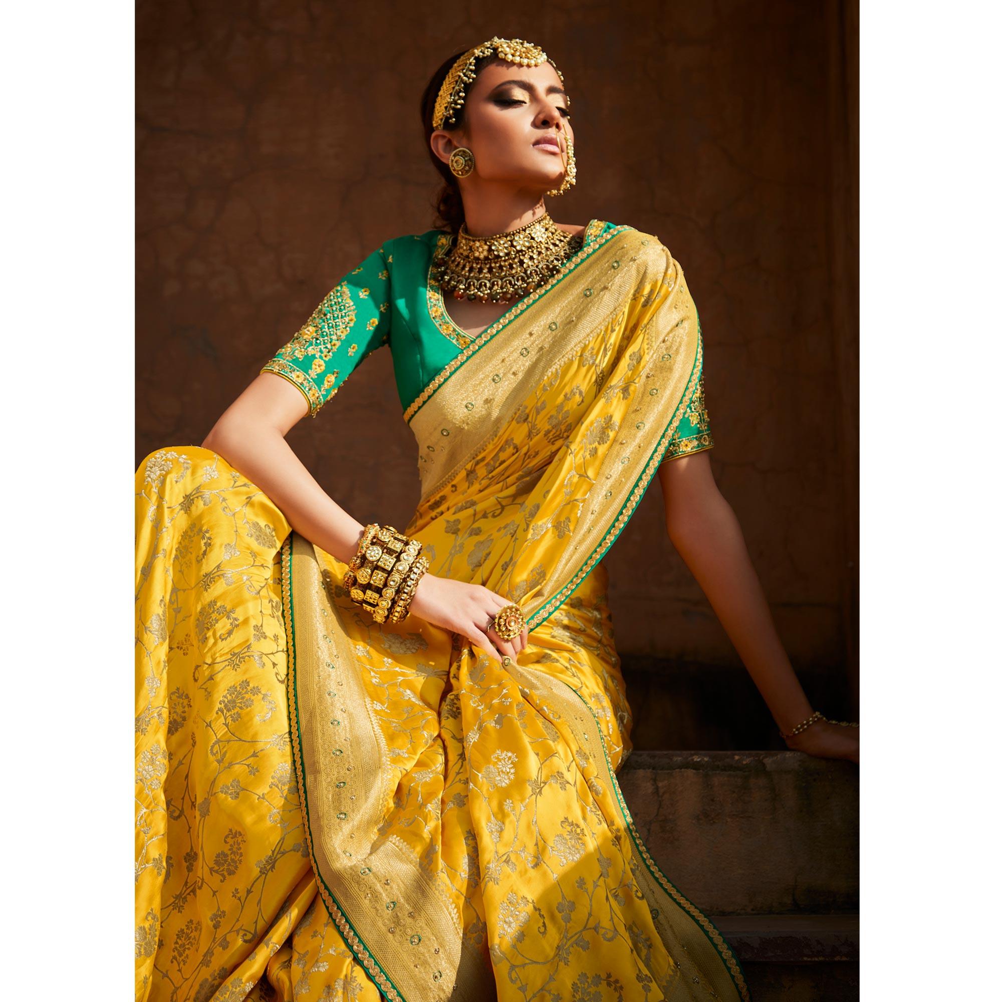 Yellow Festive Wear Woven Silk Saree - Peachmode