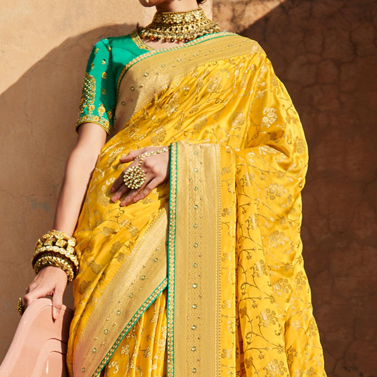 Yellow Festive Wear Woven Silk Saree - Peachmode