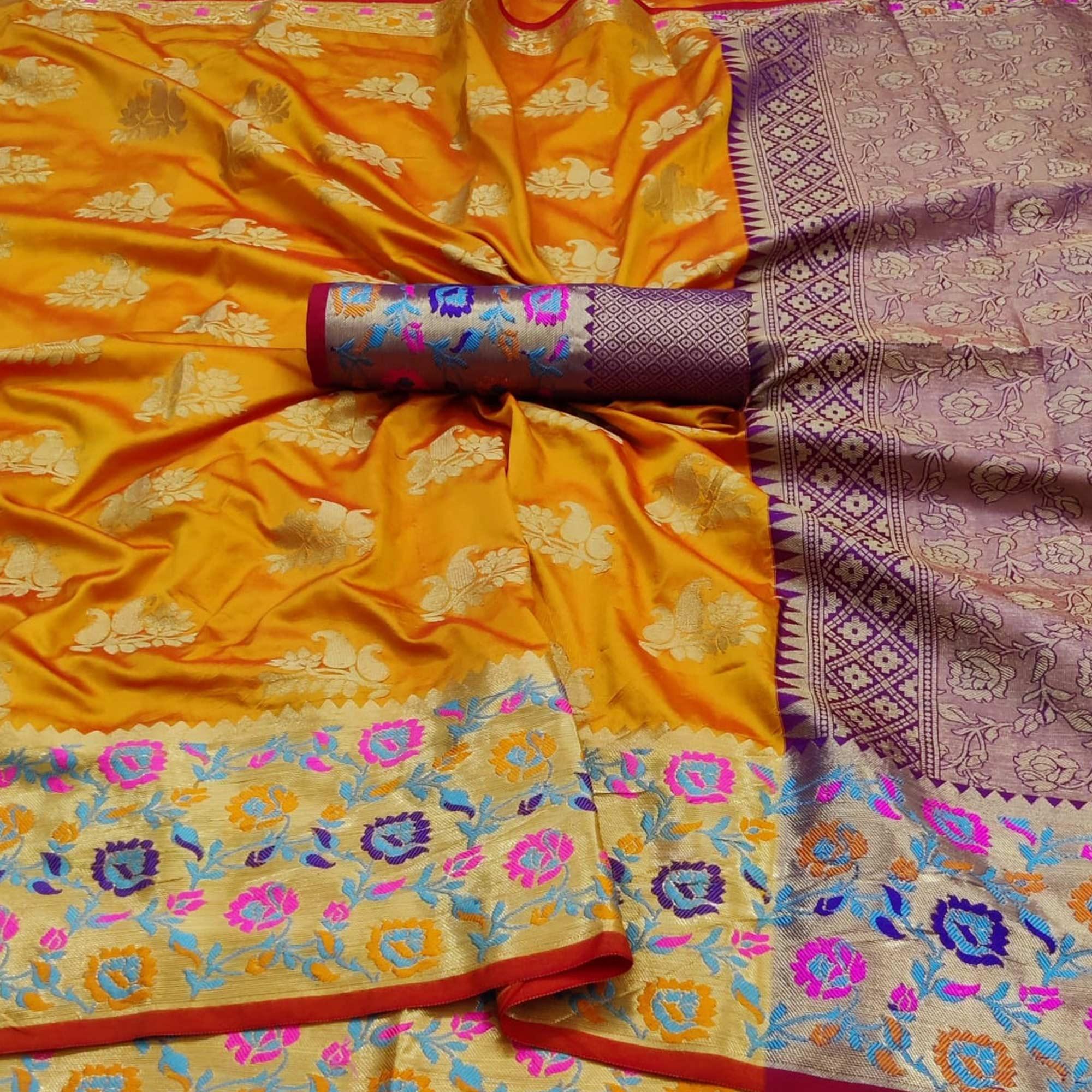 Yellow Festive Wear Woven Silk Saree With Border - Peachmode