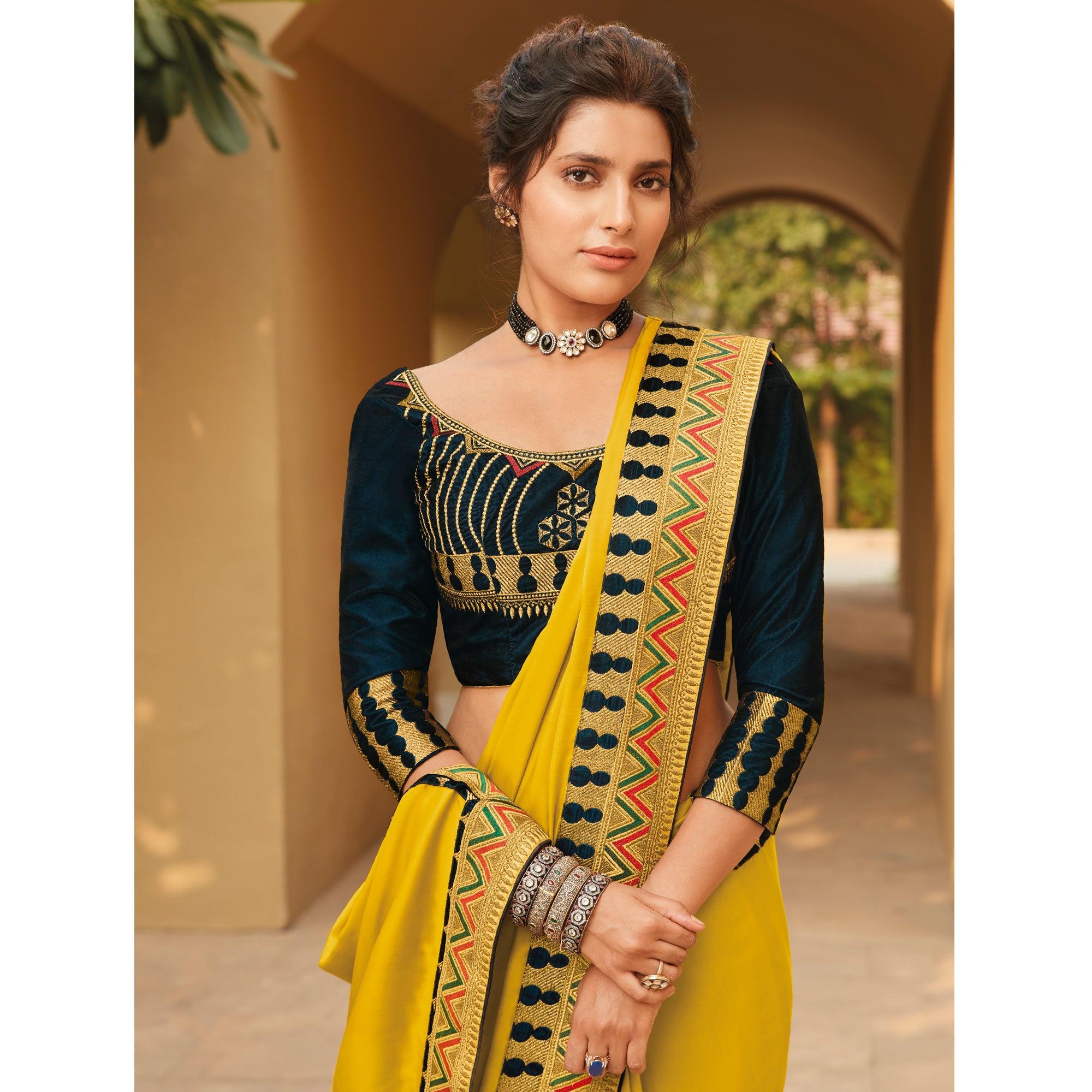Yellow Festive Wear Woven Silk Saree With Border - Peachmode