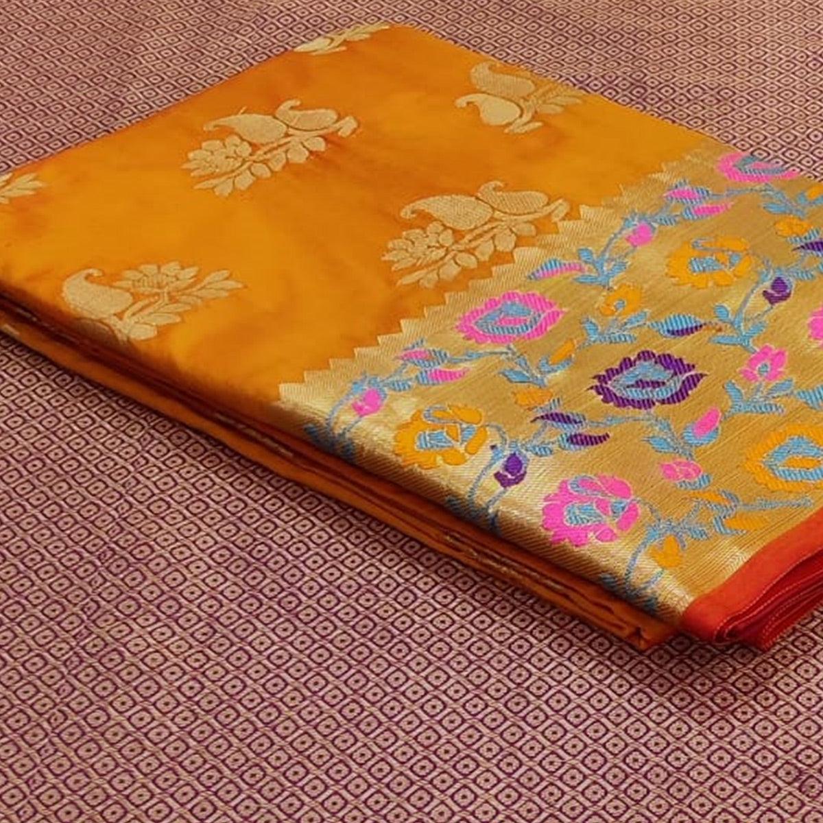 Yellow Festive Wear Woven Silk Saree With Border - Peachmode