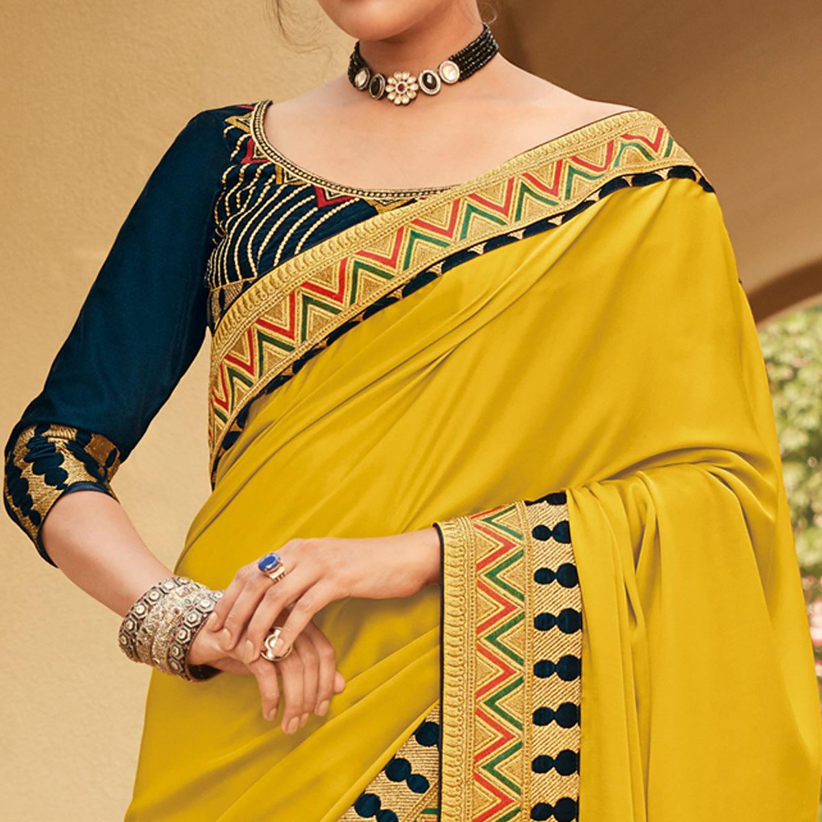 Yellow Festive Wear Woven Silk Saree With Border - Peachmode