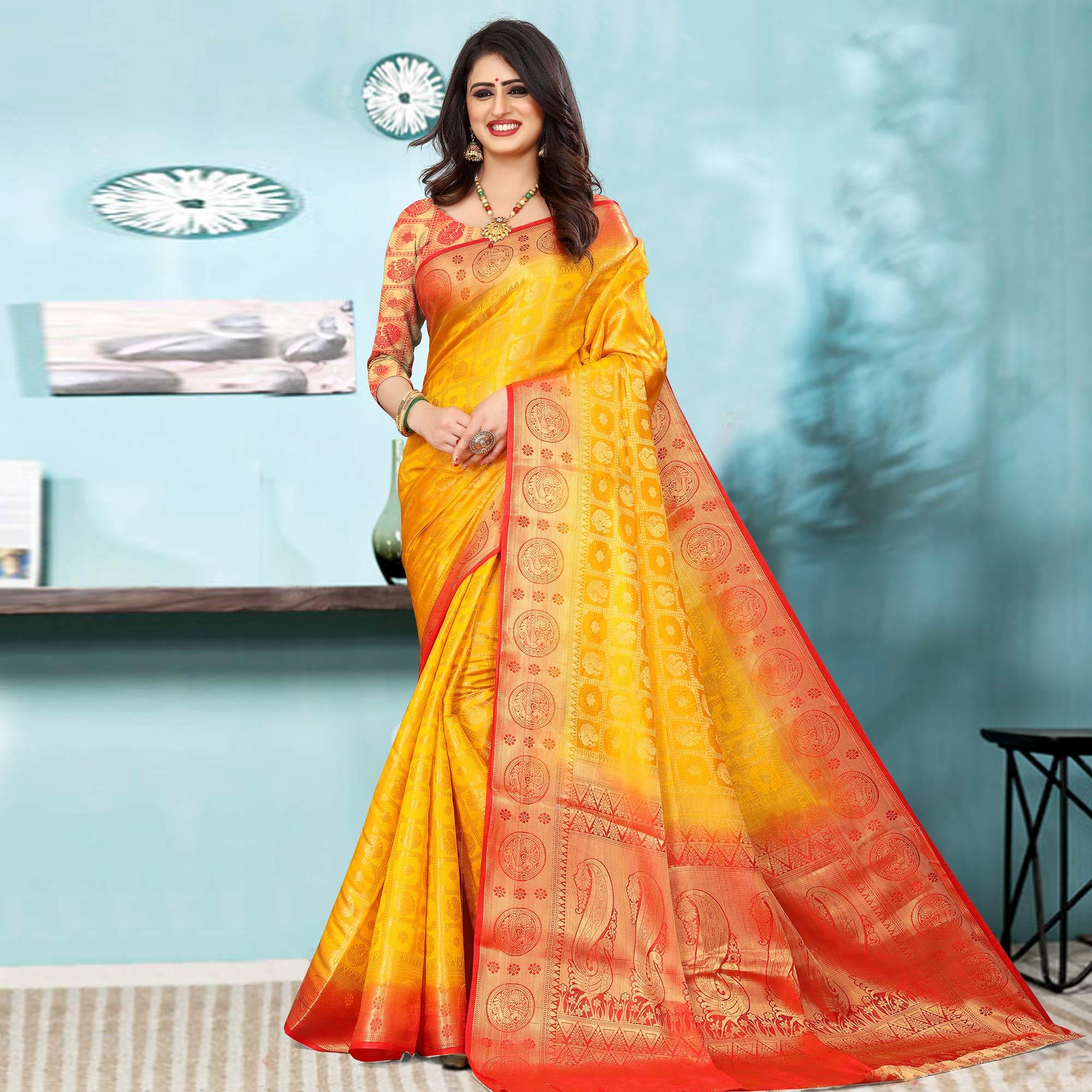 Yellow Festive Wear Woven Silk Saree With Golden Border - Peachmode