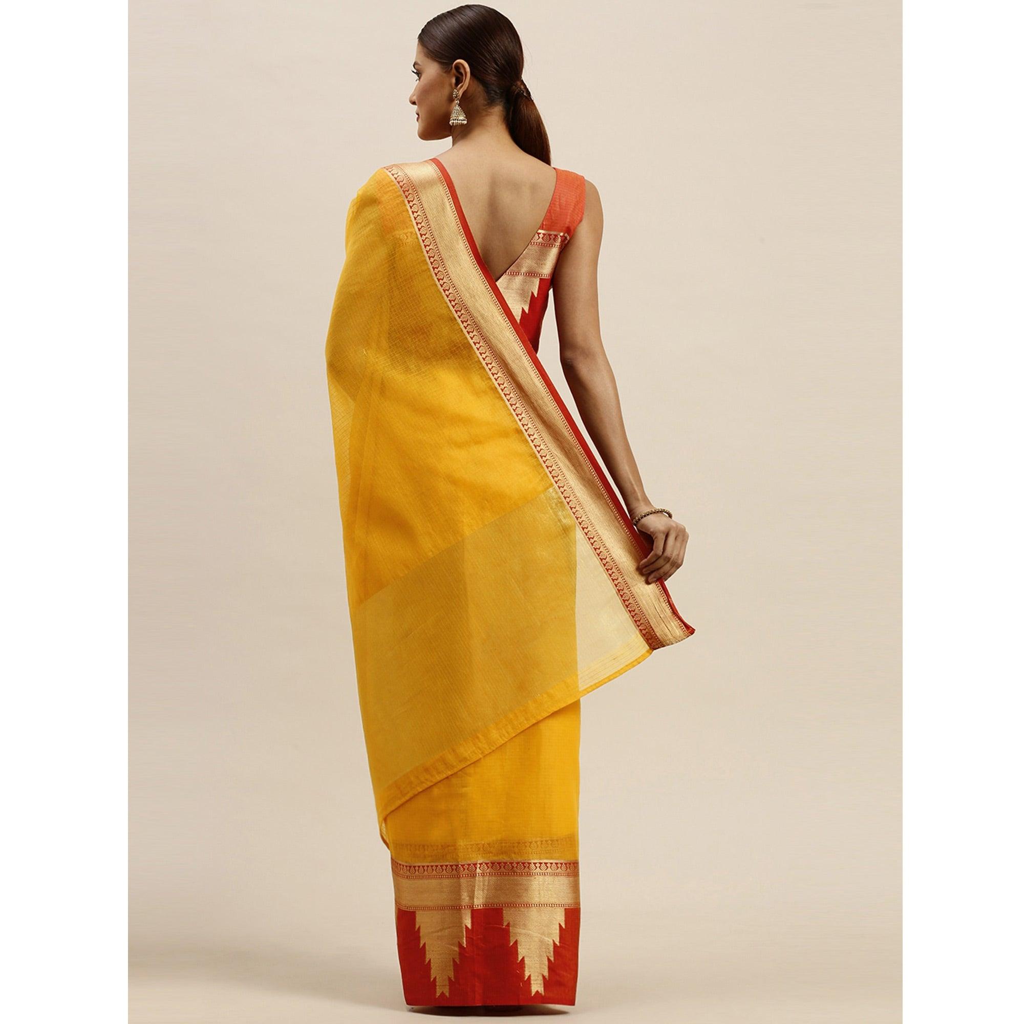Yellow Festive Wear Woven Silk Saree With Jacquard Border - Peachmode