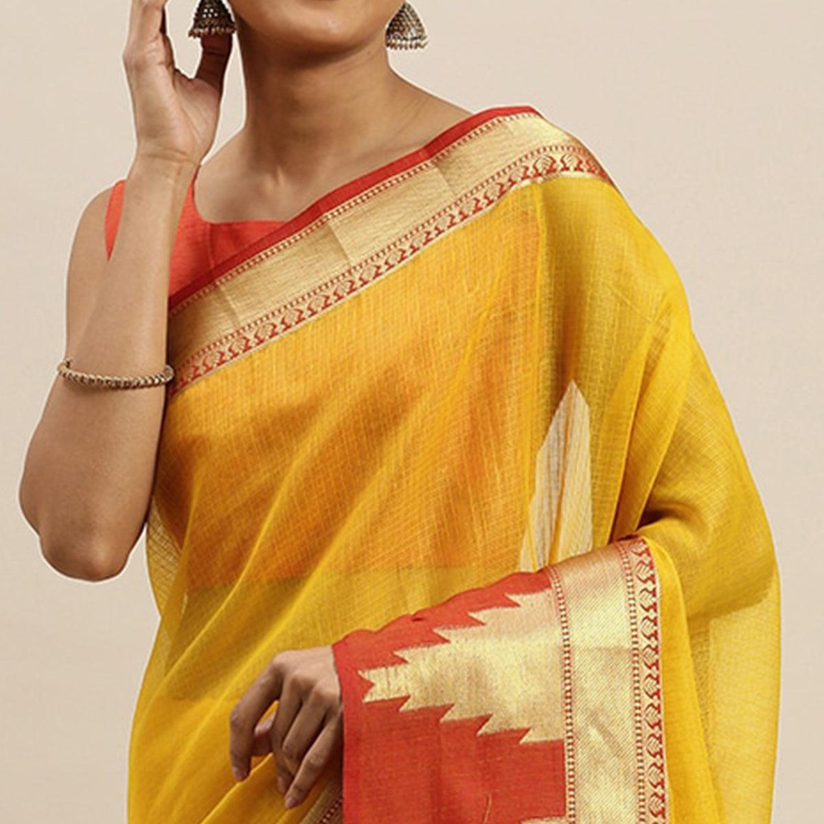 Yellow Festive Wear Woven Silk Saree With Jacquard Border - Peachmode