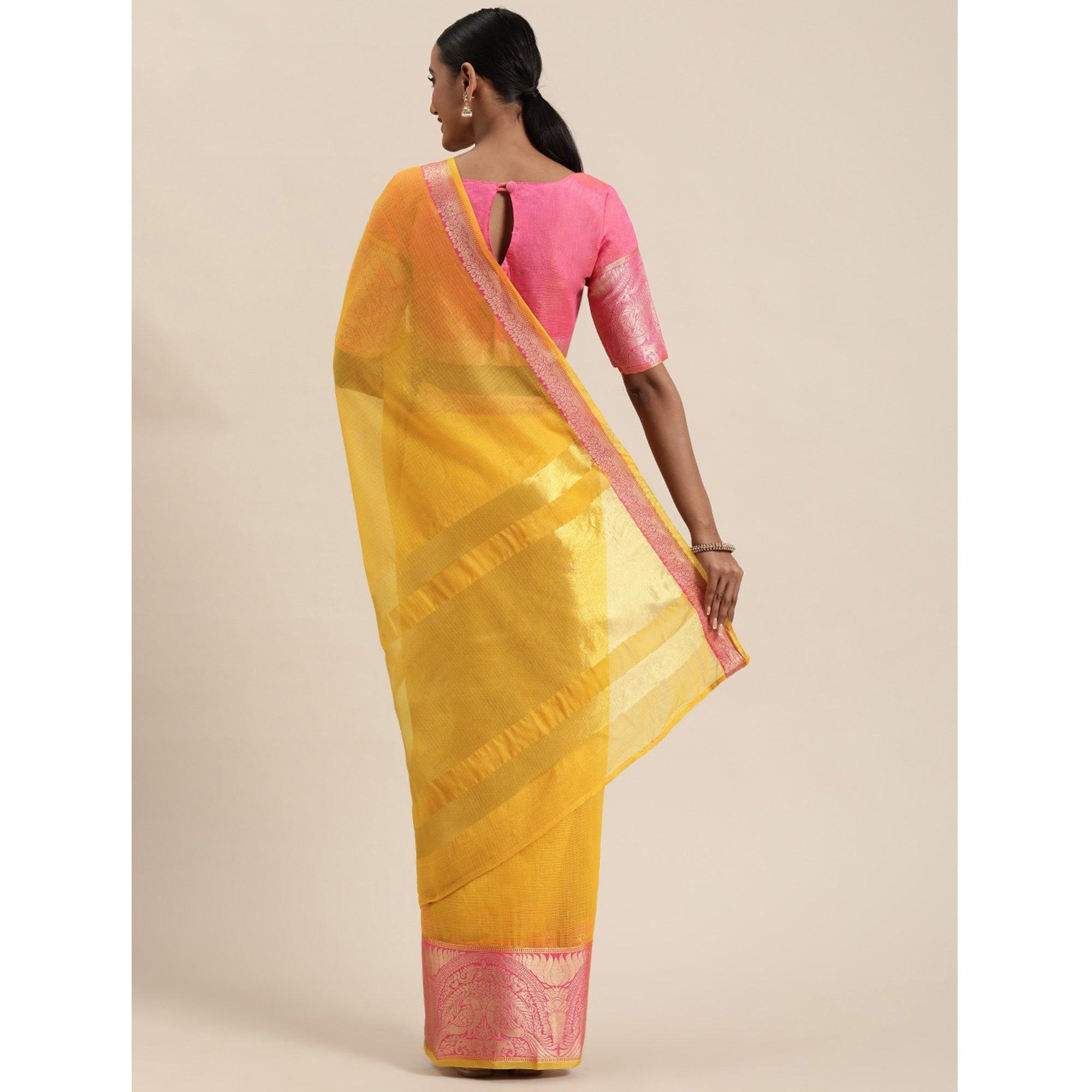 Yellow Festive Wear Woven Silk Saree With Jacquard Border - Peachmode