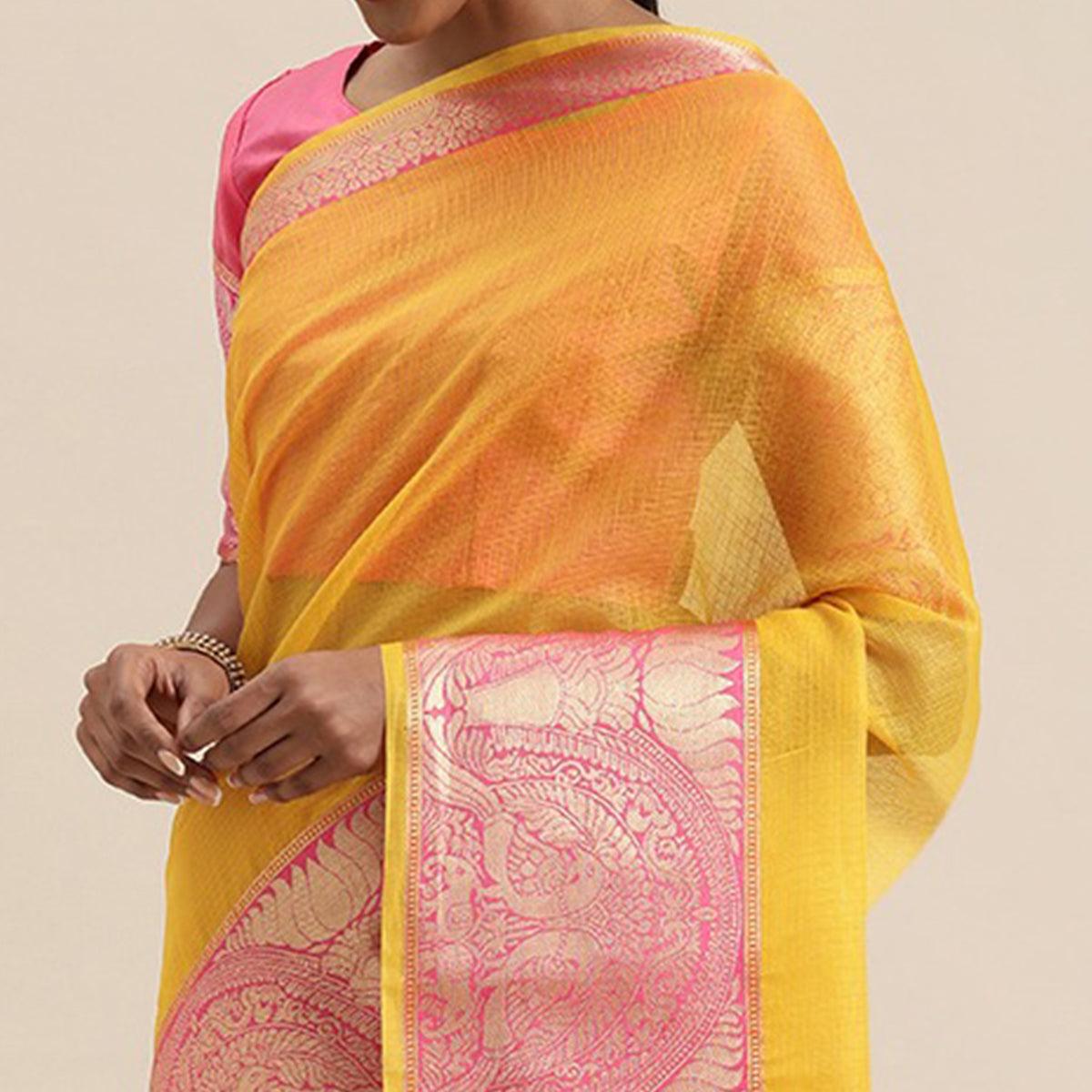 Yellow Festive Wear Woven Silk Saree With Jacquard Border - Peachmode