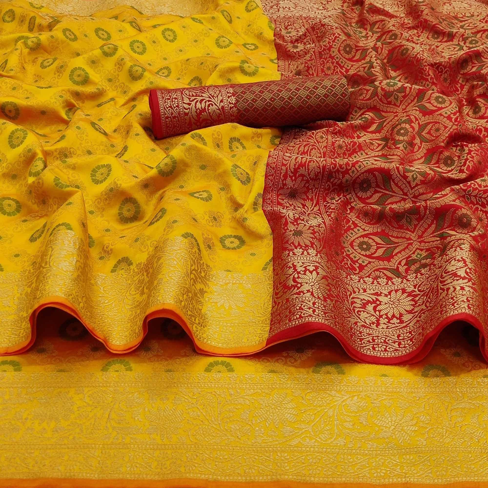 Yellow Festive Wear Woven Silk Saree With Patola Rich Pallu - Peachmode