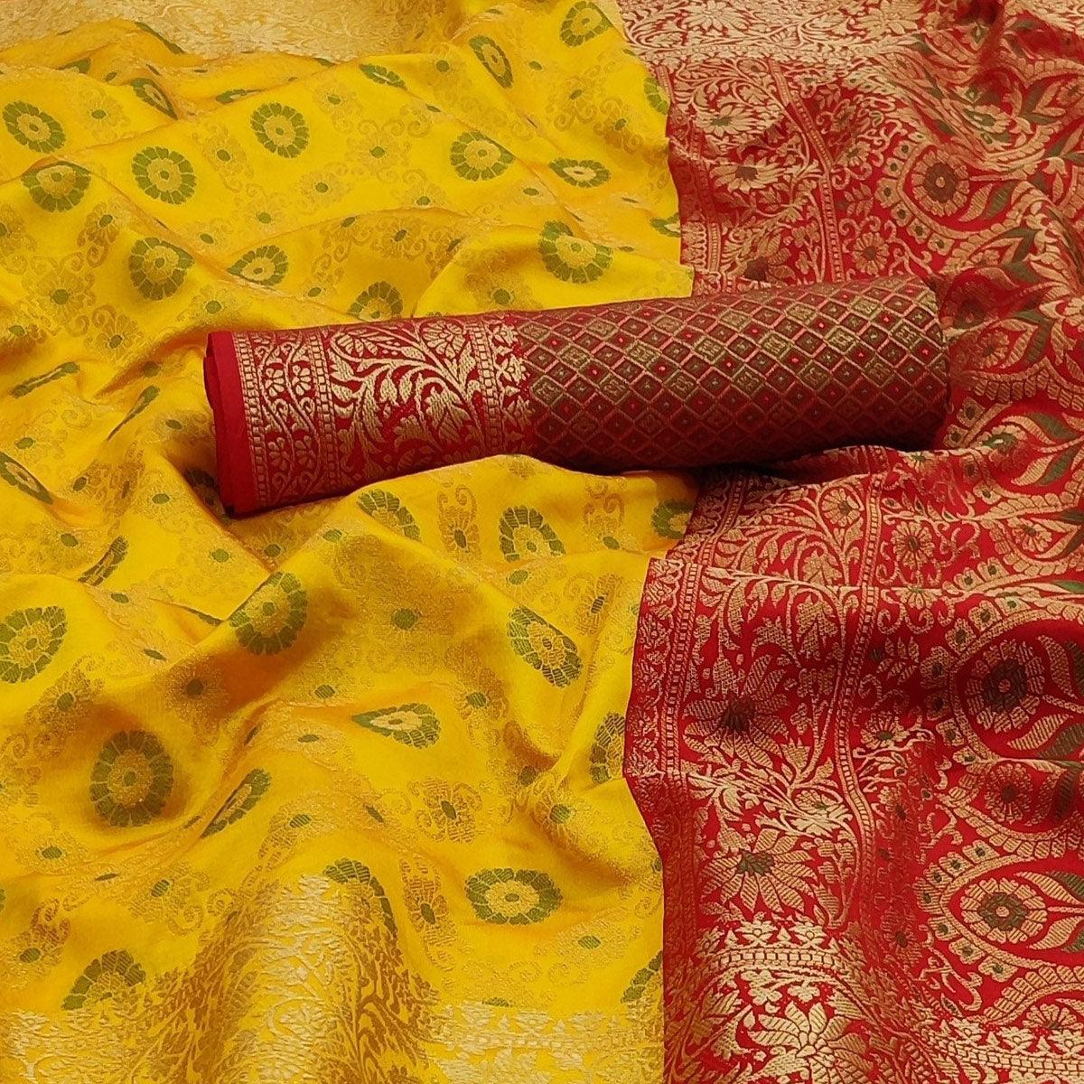 Yellow Festive Wear Woven Silk Saree With Patola Rich Pallu - Peachmode