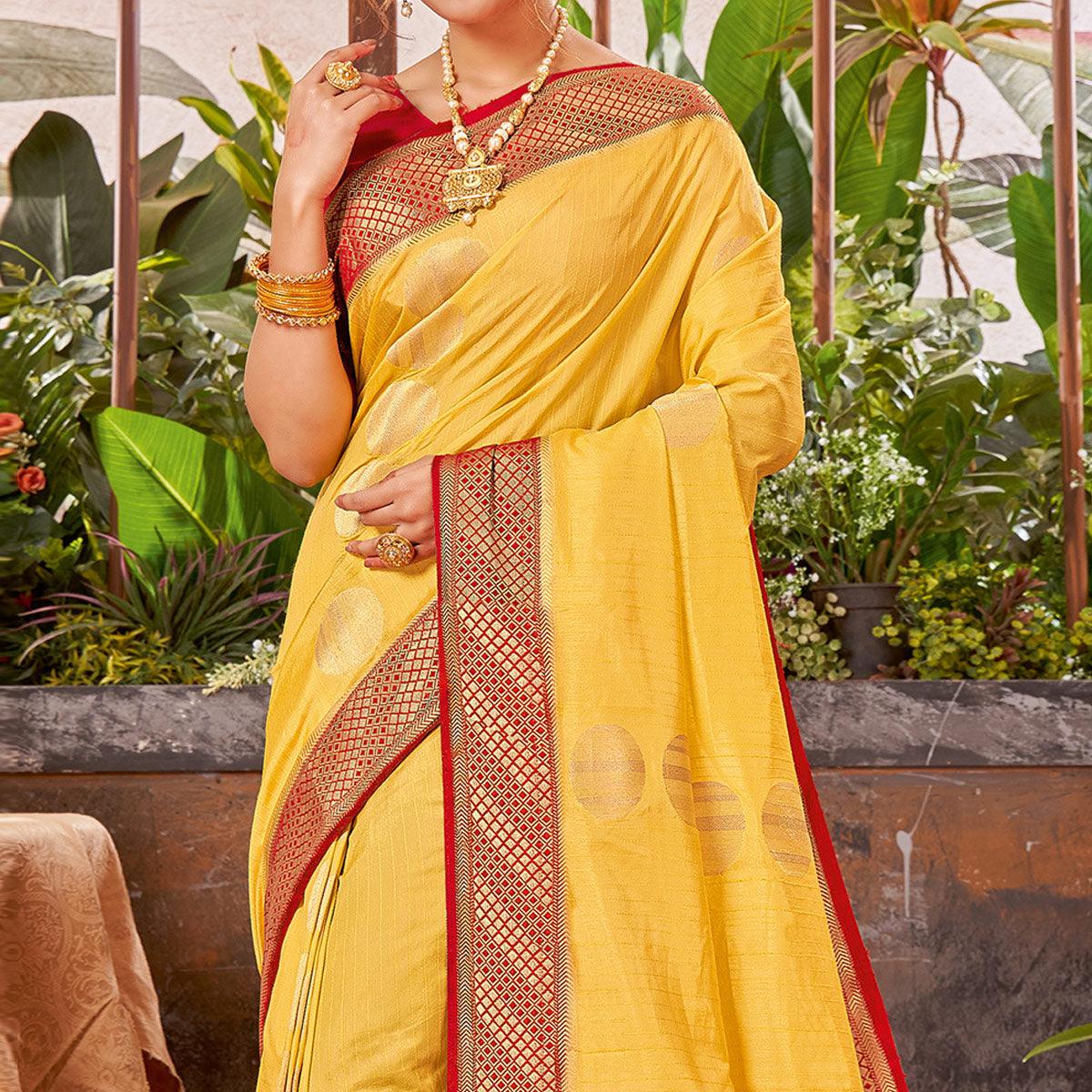 Yellow Festive Wear Woven Silk Saree With Tassels - Peachmode