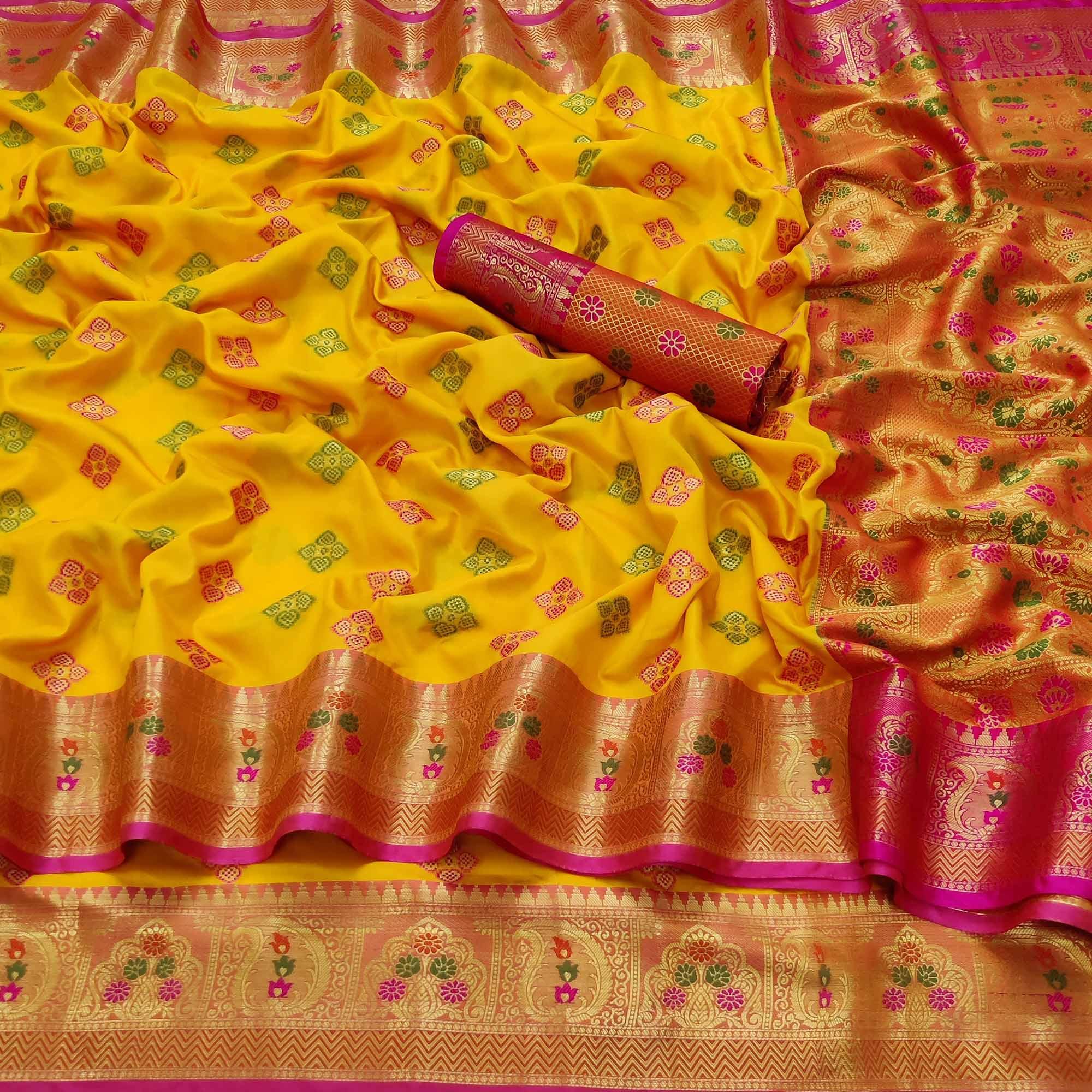 Yellow Festive Wear Woven Soft Banarasi Silk Saree - Peachmode