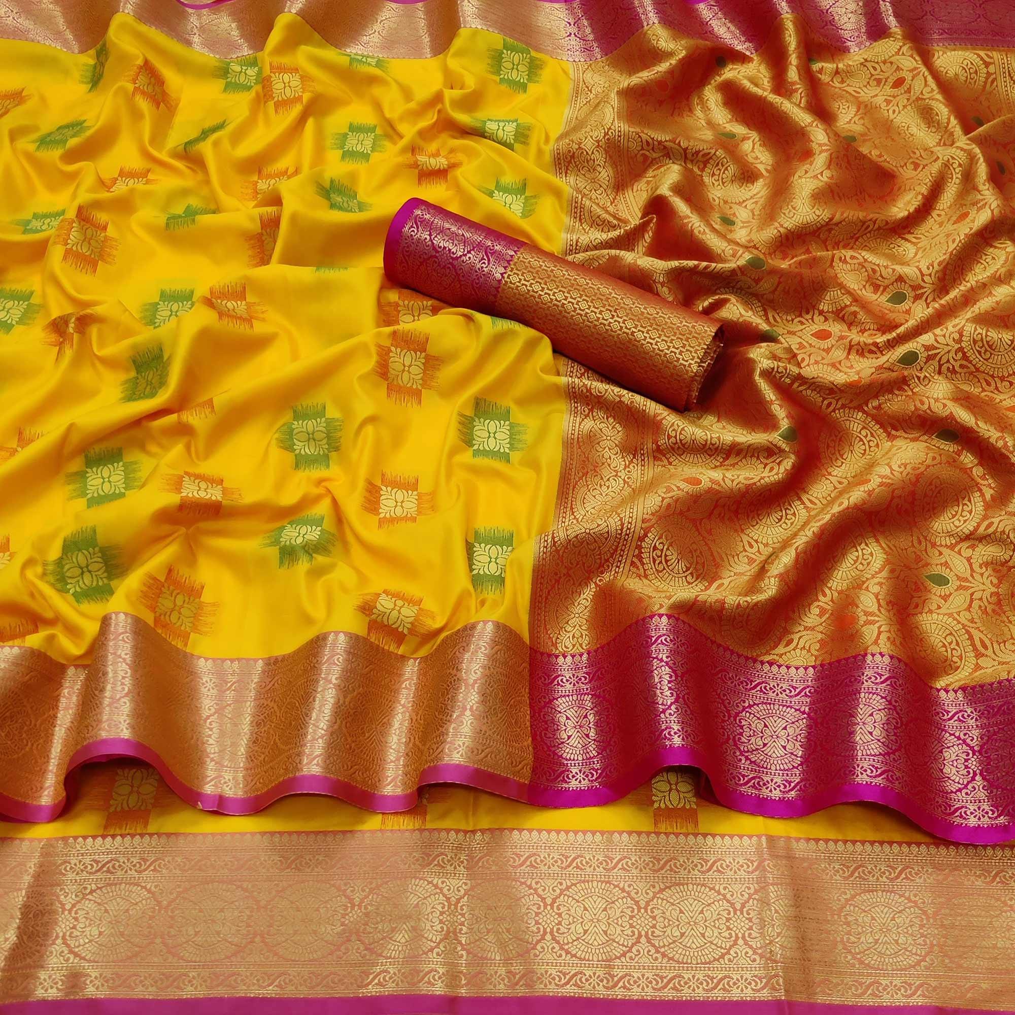 Yellow Festive Wear Woven Soft Banarasi Silk Saree - Peachmode