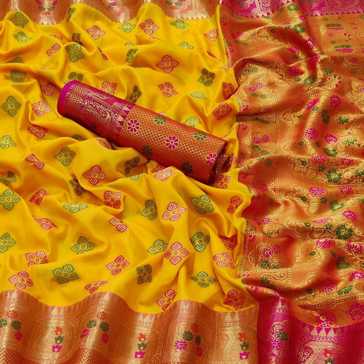 Yellow Festive Wear Woven Soft Banarasi Silk Saree - Peachmode