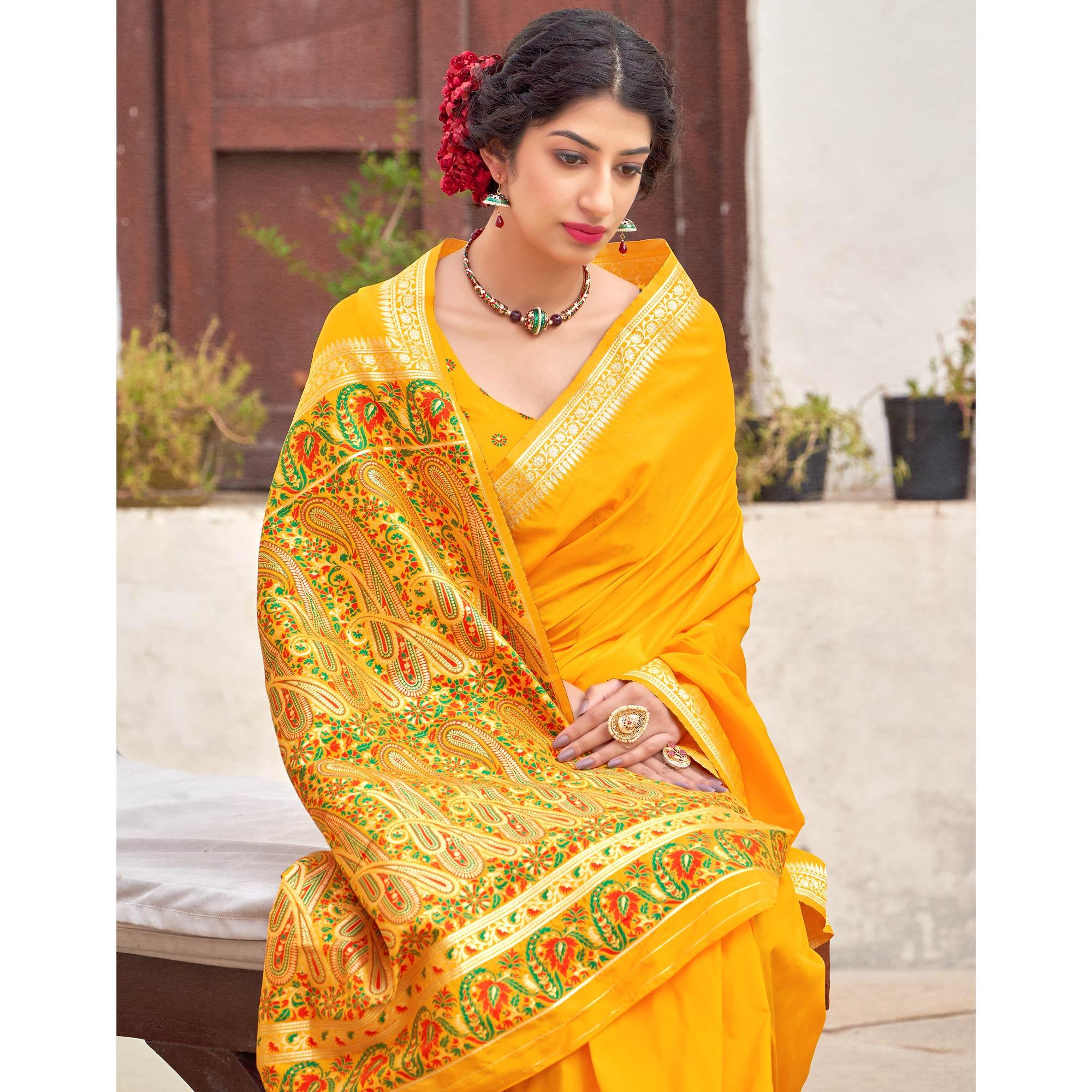 Yellow Festive Wear Woven Soft Banarasi Silk Saree - Peachmode