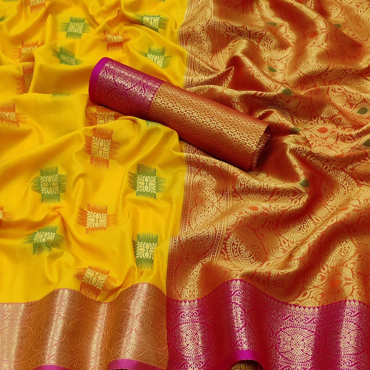 Yellow Festive Wear Woven Soft Banarasi Silk Saree - Peachmode
