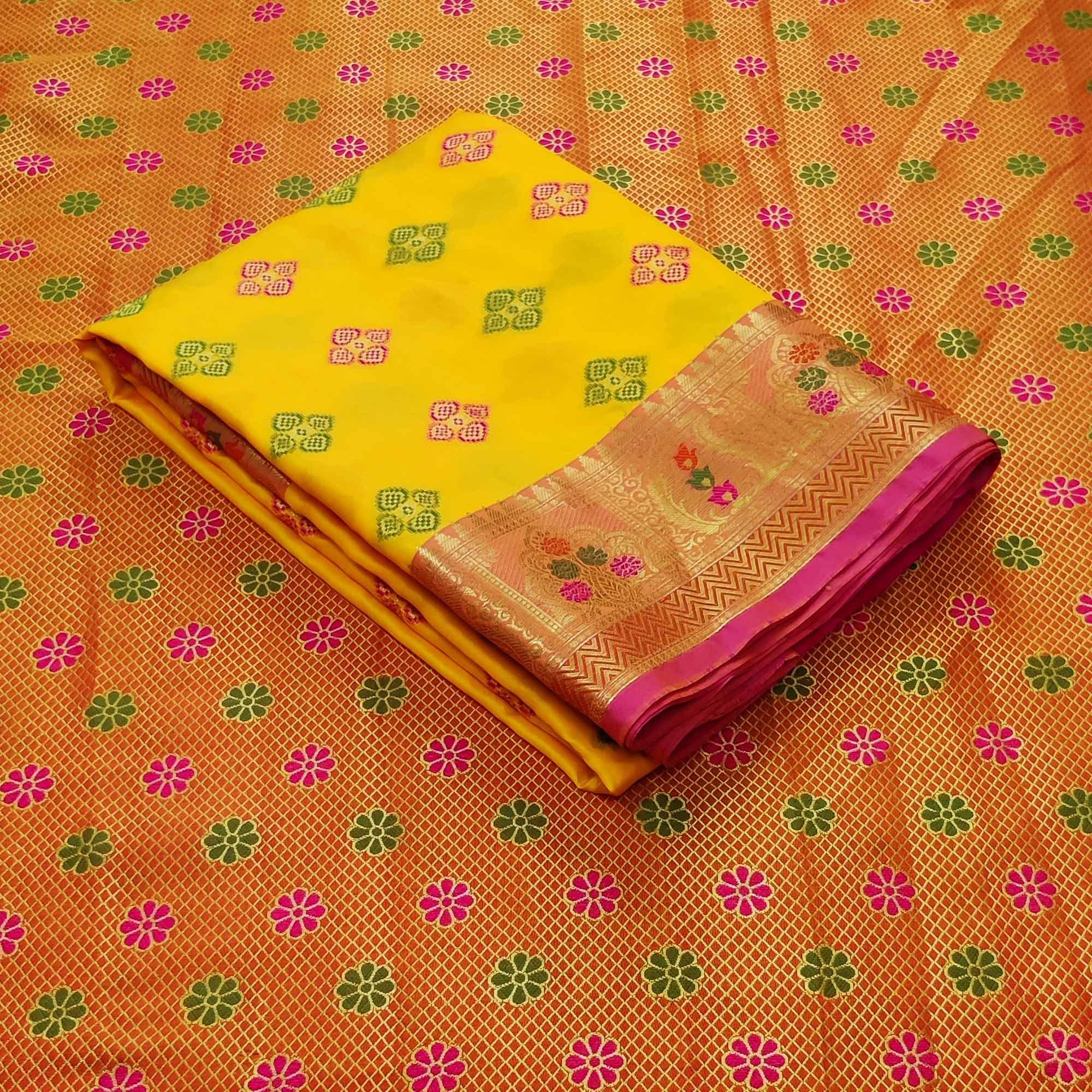 Yellow Festive Wear Woven Soft Banarasi Silk Saree - Peachmode