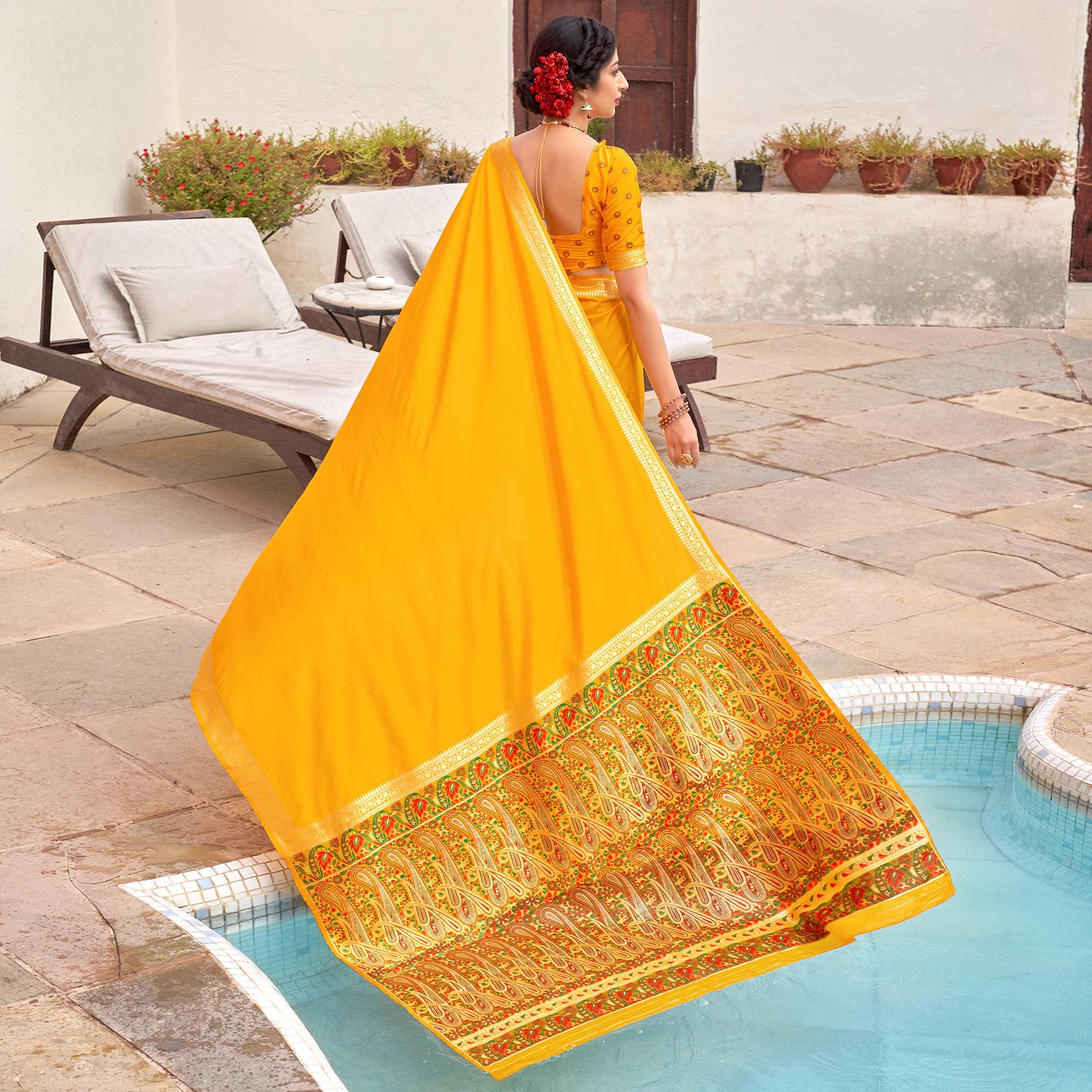 Yellow Festive Wear Woven Soft Banarasi Silk Saree - Peachmode