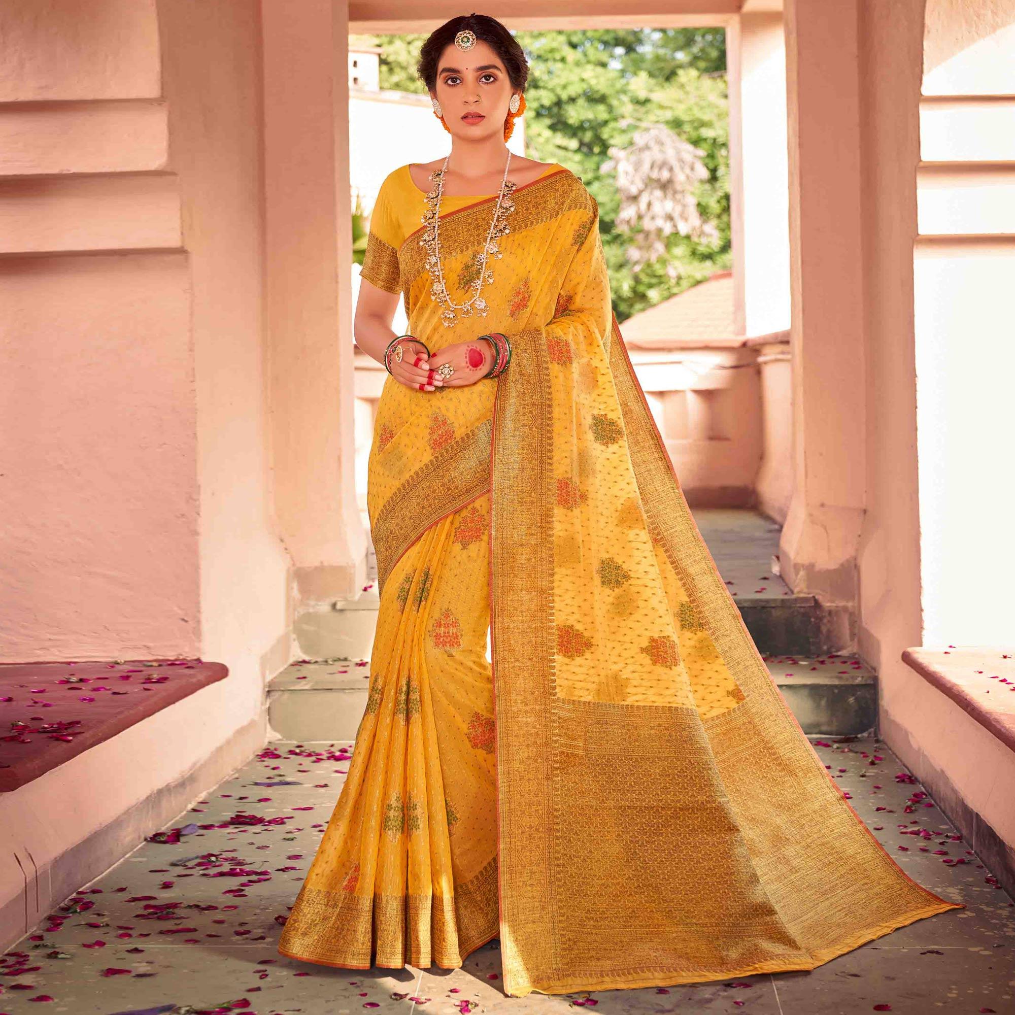 Yellow Festive Wear Woven Soft Cotton Saree - Peachmode