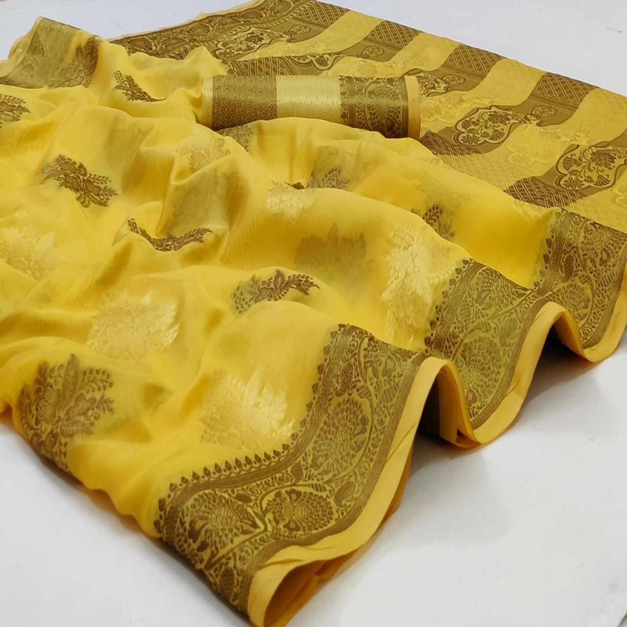 Yellow Festive Wear Woven Soft Organza Saree - Peachmode